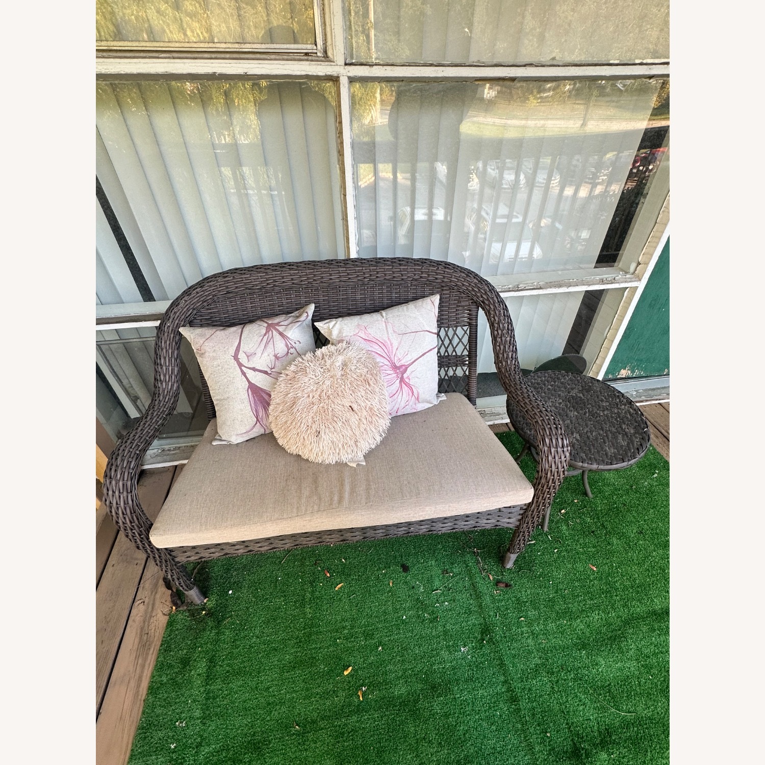 Mix and Match Brown Wicker Outdoor Patio Loveseat with Beige Cushions - image-3