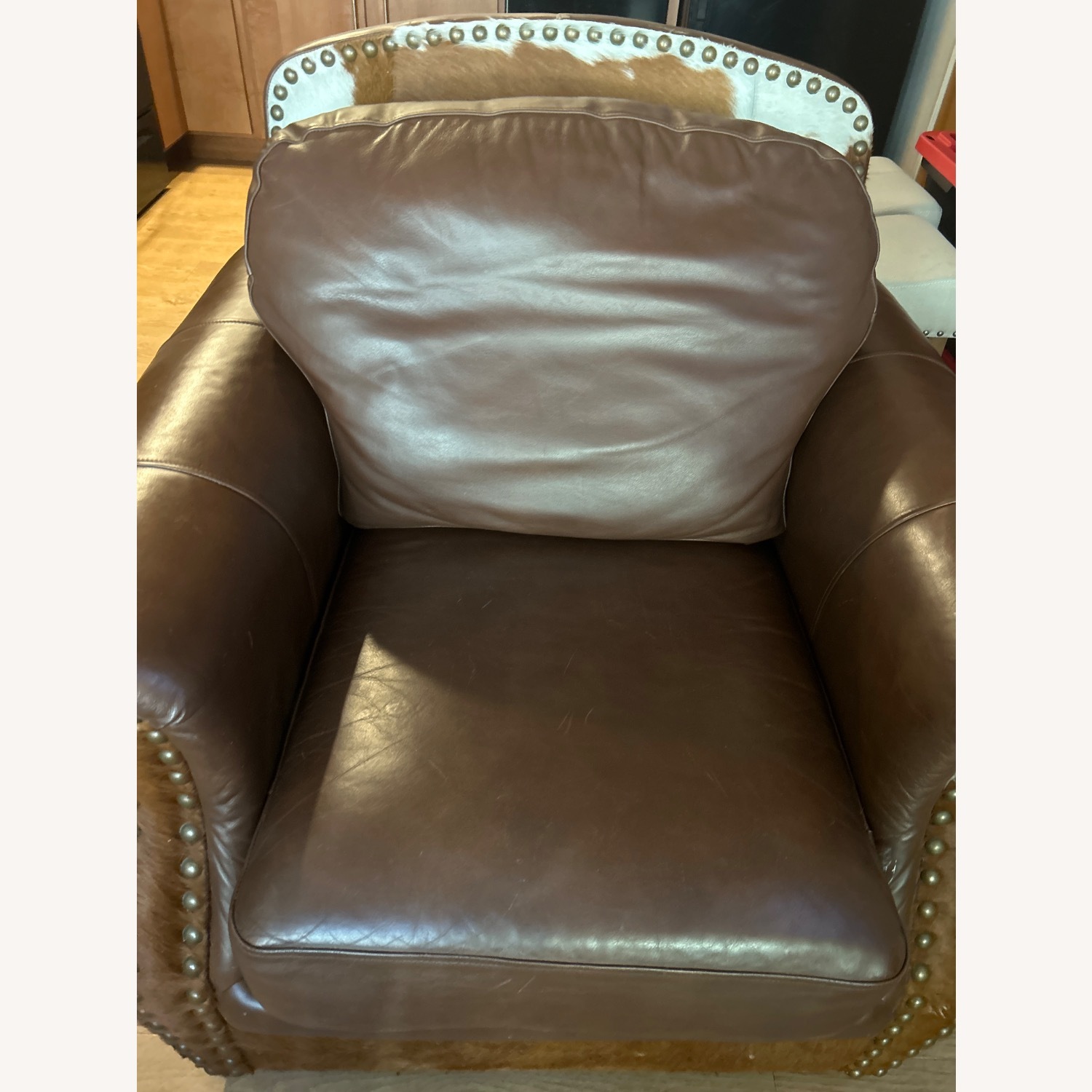  Brown Leather Armchair with Cow Fur Accents - image-5