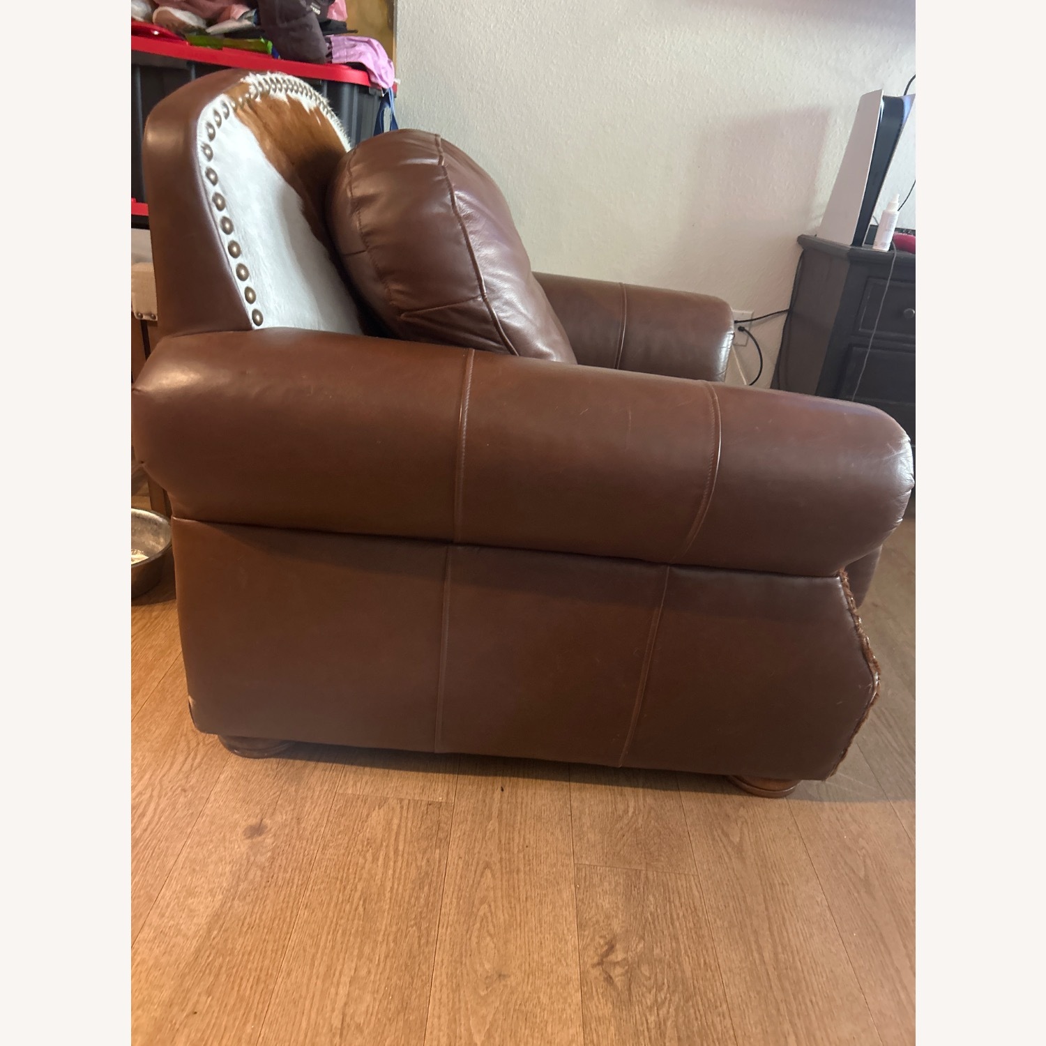  Brown Leather Armchair with Cow Fur Accents - image-6
