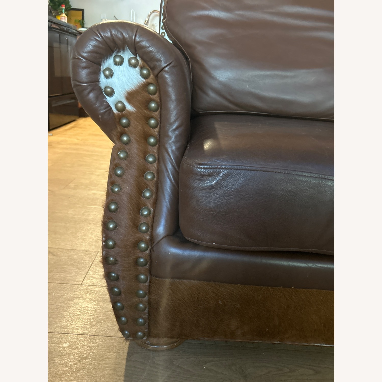  Brown Leather Armchair with Cow Fur Accents - image-2