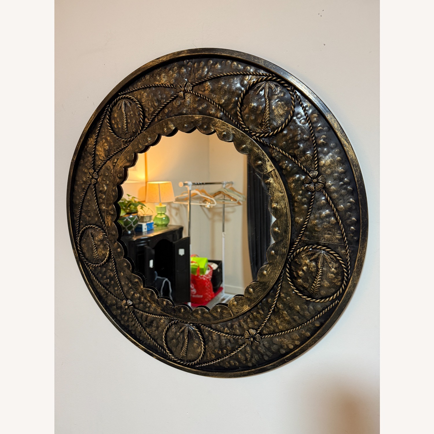 Vintage Round Palm Tree Mirror Hammered Metal - image-1