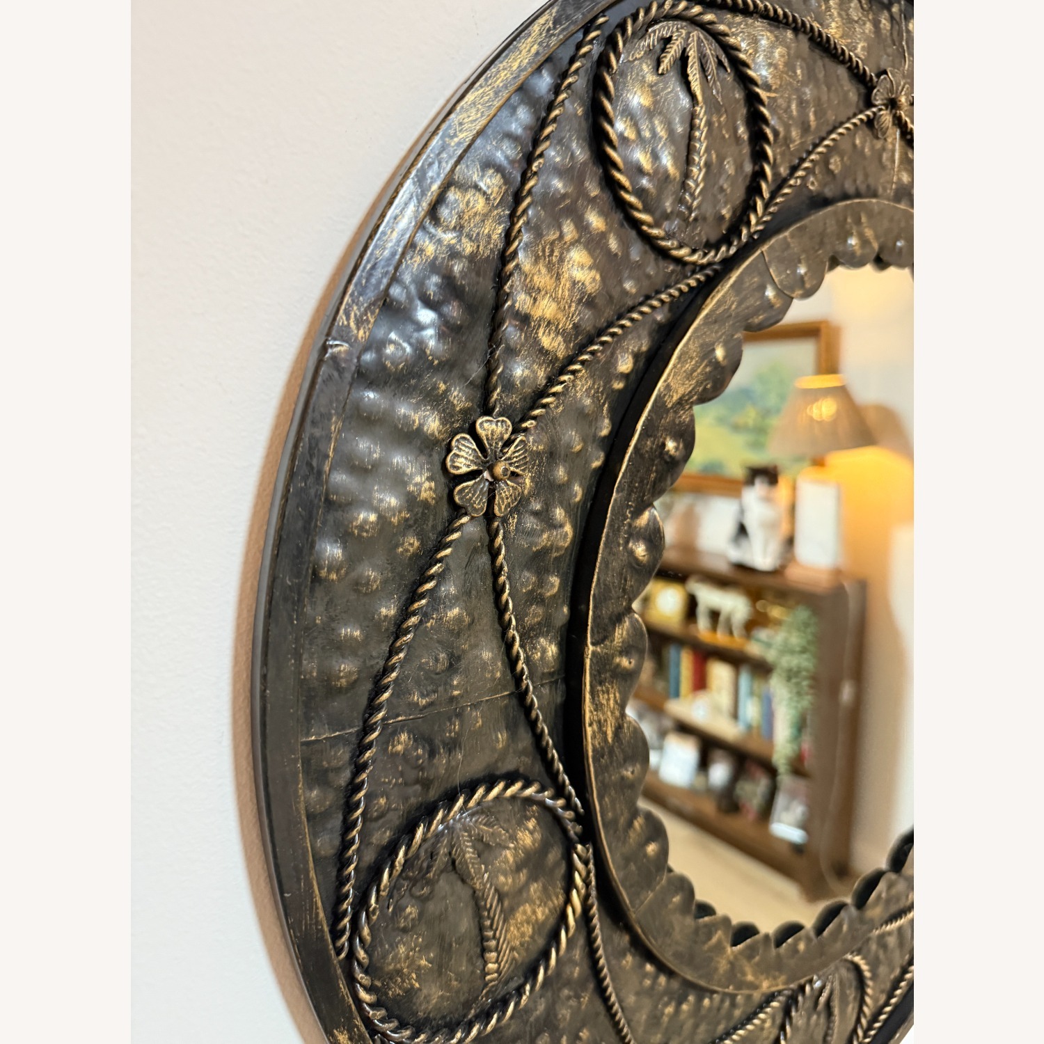 Vintage Round Palm Tree Mirror Hammered Metal - image-7