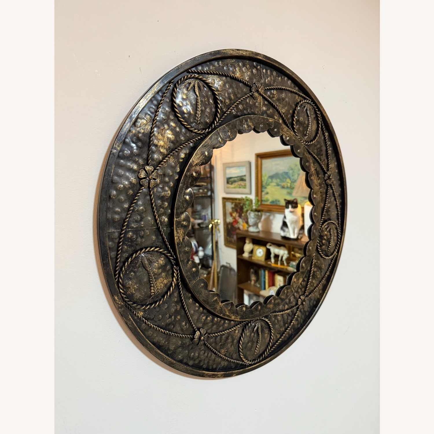 Vintage Round Palm Tree Mirror Hammered Metal - image-8