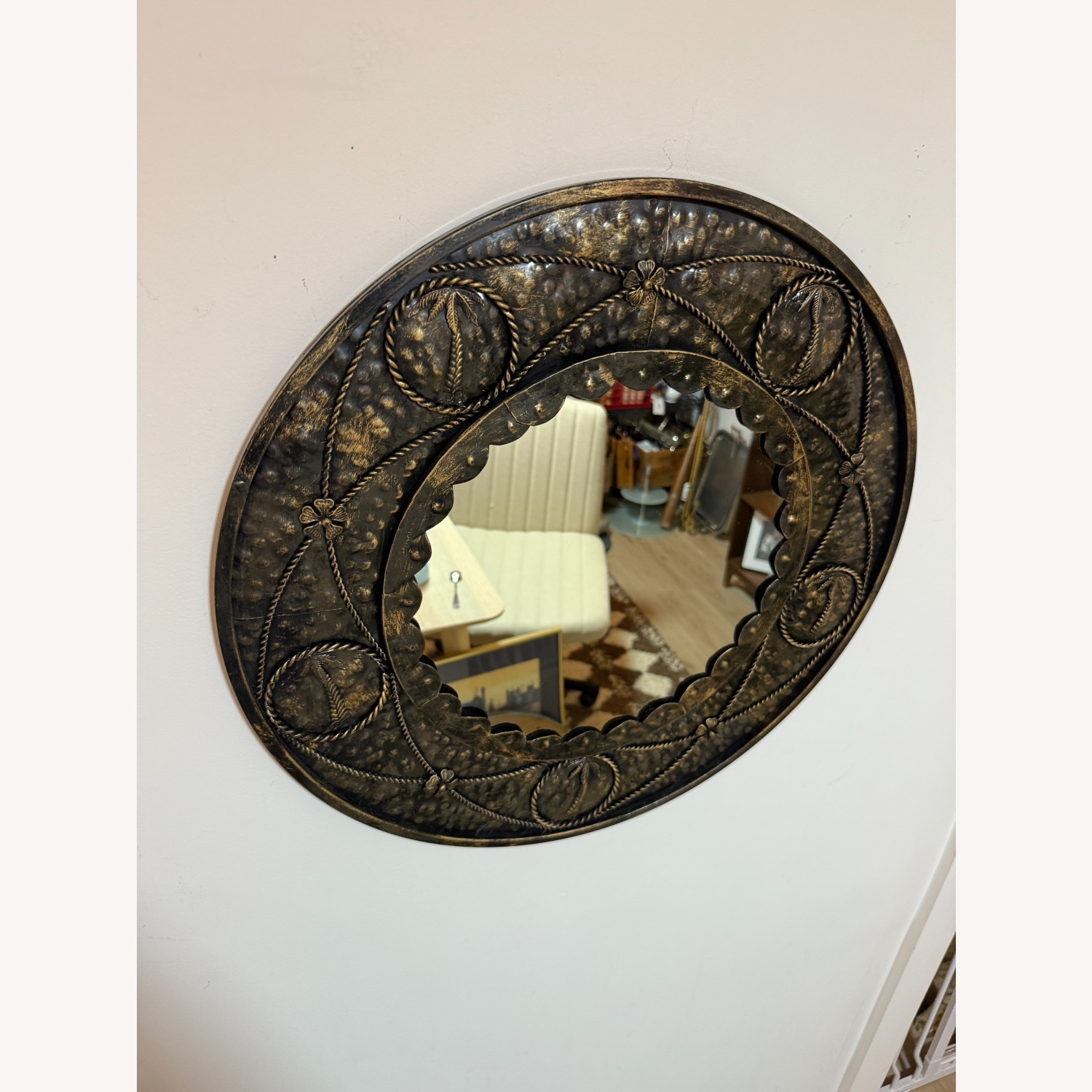 Vintage Round Palm Tree Mirror Hammered Metal - image-5