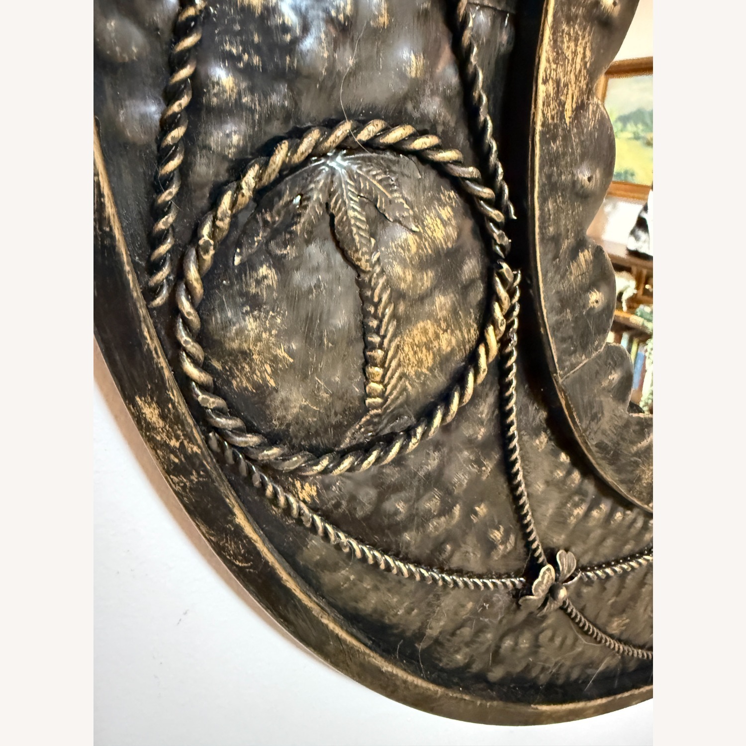 Vintage Round Palm Tree Mirror Hammered Metal - image-3