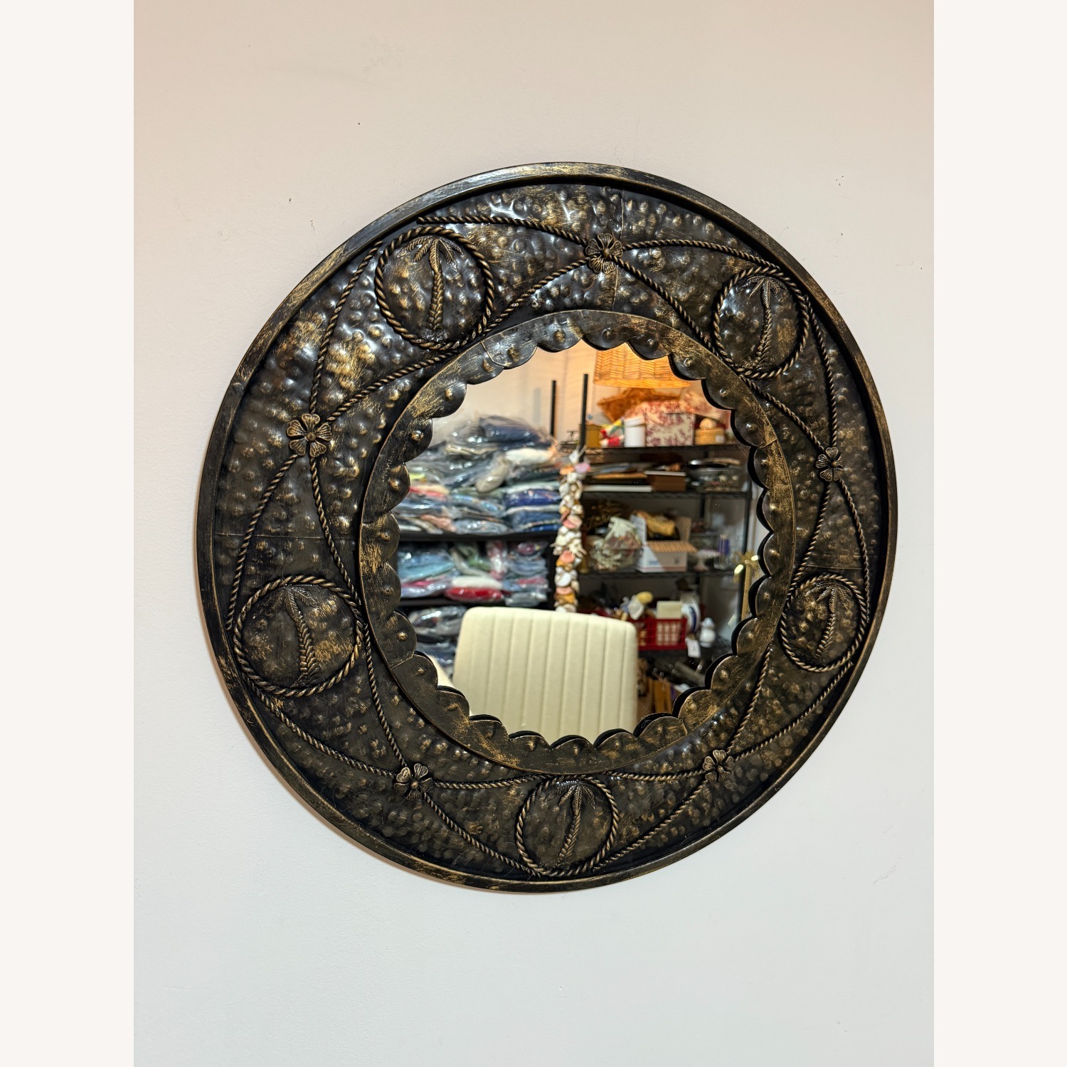 Vintage Round Palm Tree Mirror Hammered Metal - image-9