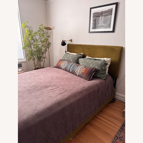 Used  Square Back Green Velvet Queen Bed for sale on AptDeco