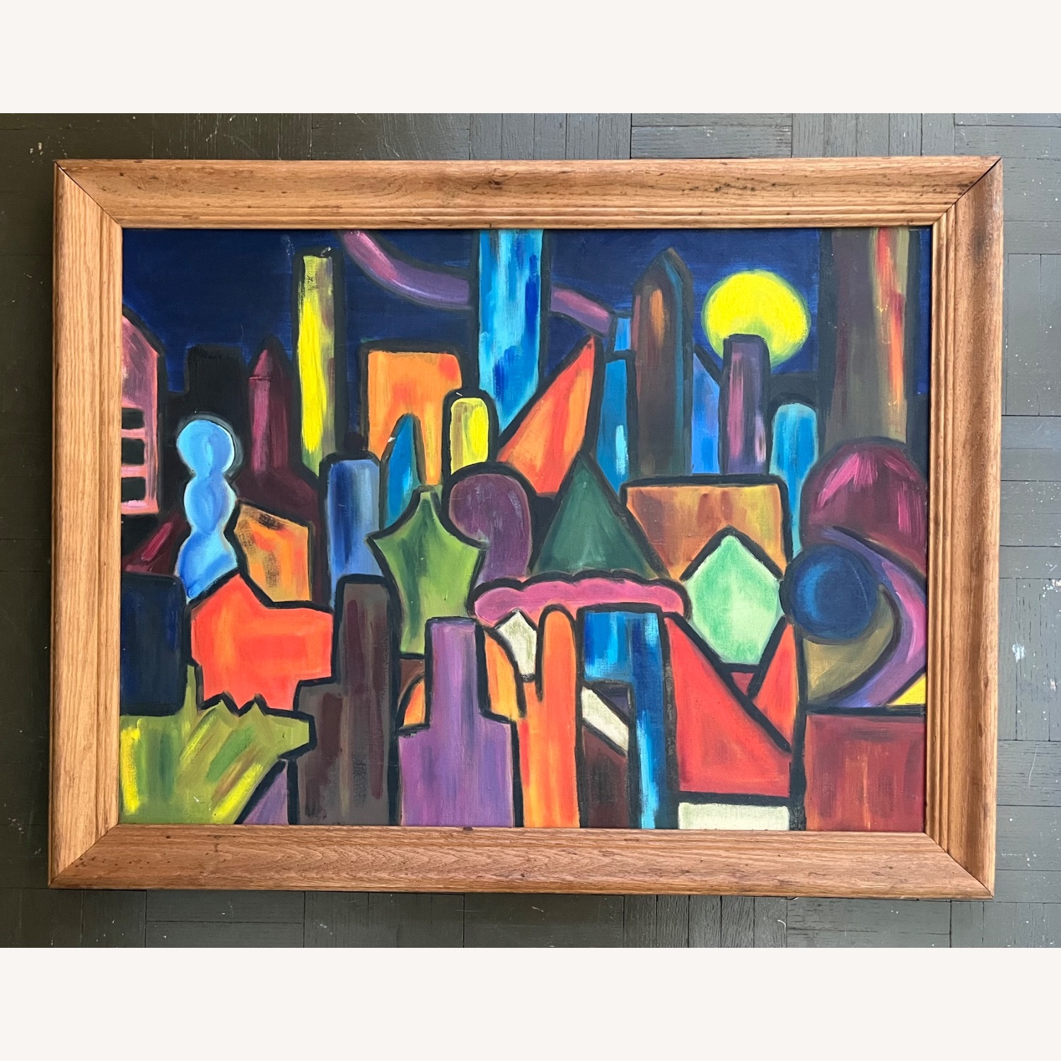 Mid Century Abstract Cityscape Painting - image-1