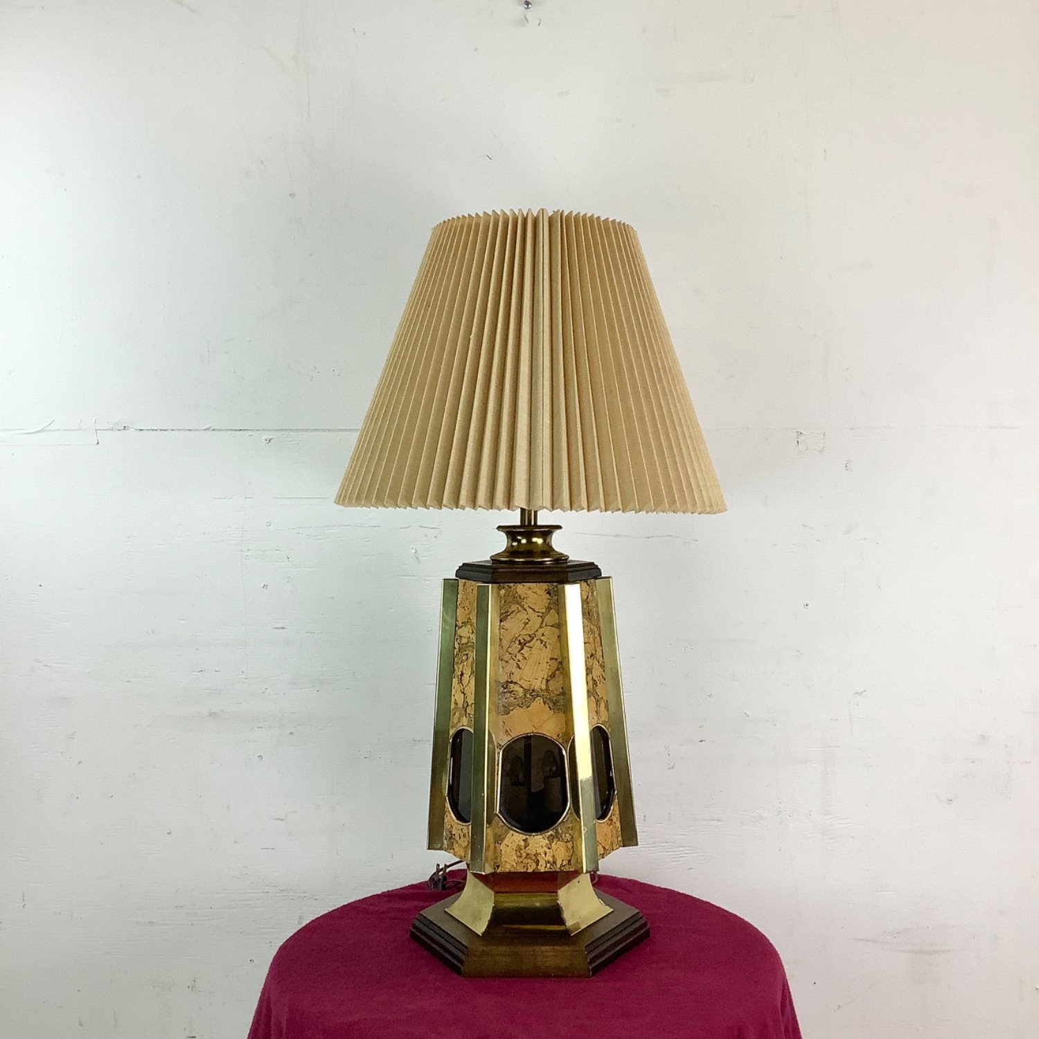 Vintage Cork and Brass Table Lamp With Shade - image-1