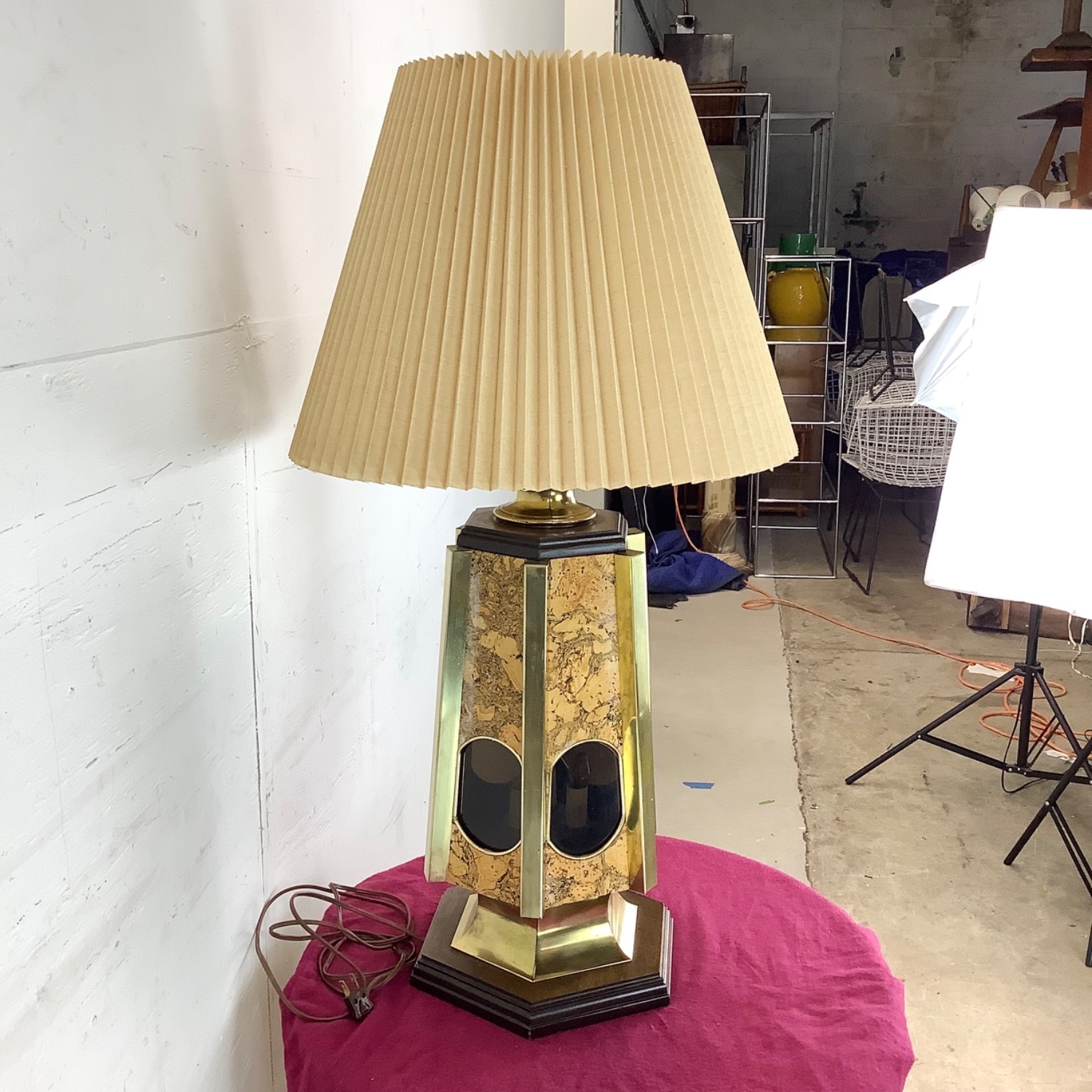 Vintage Cork and Brass Table Lamp With Shade - image-9