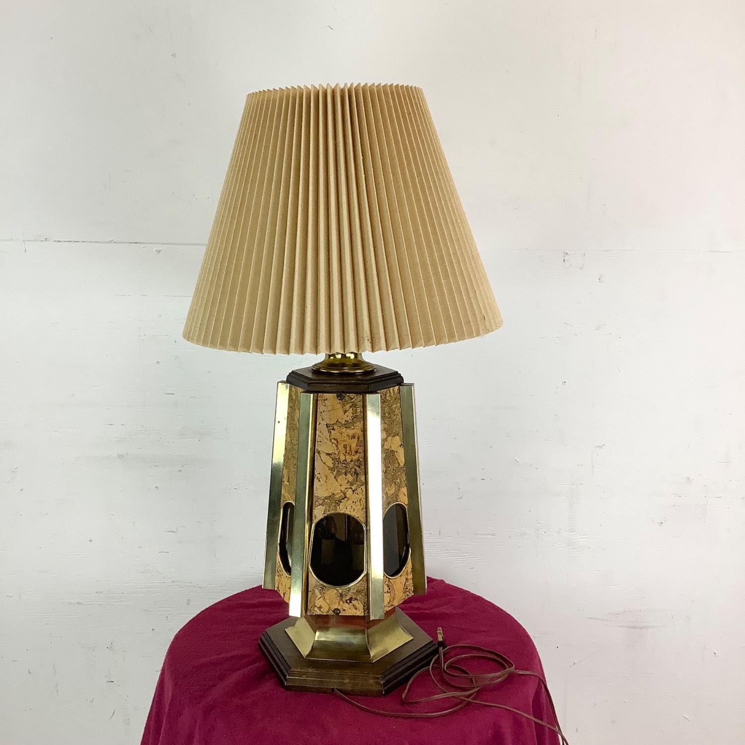 Vintage Cork and Brass Table Lamp With Shade - image-12
