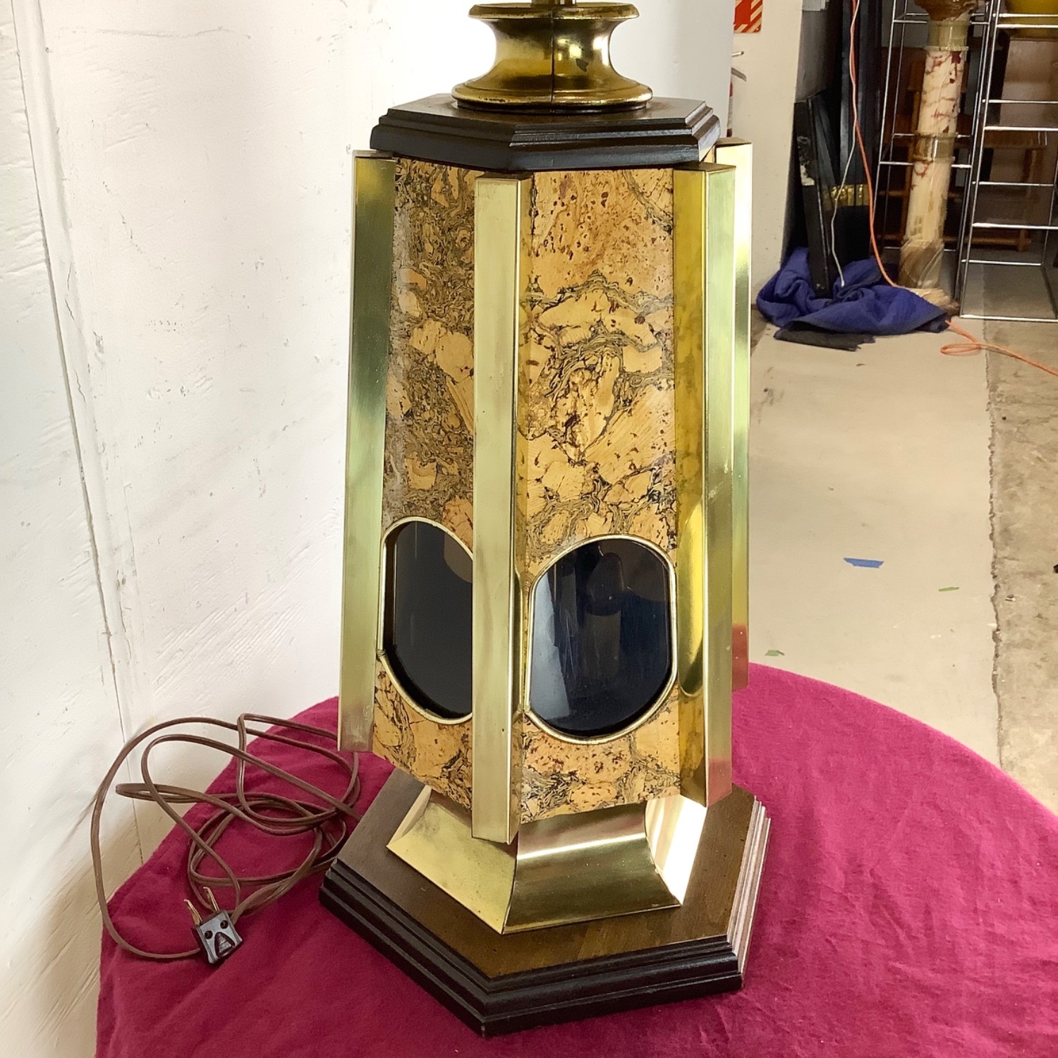Vintage Cork and Brass Table Lamp With Shade - image-11