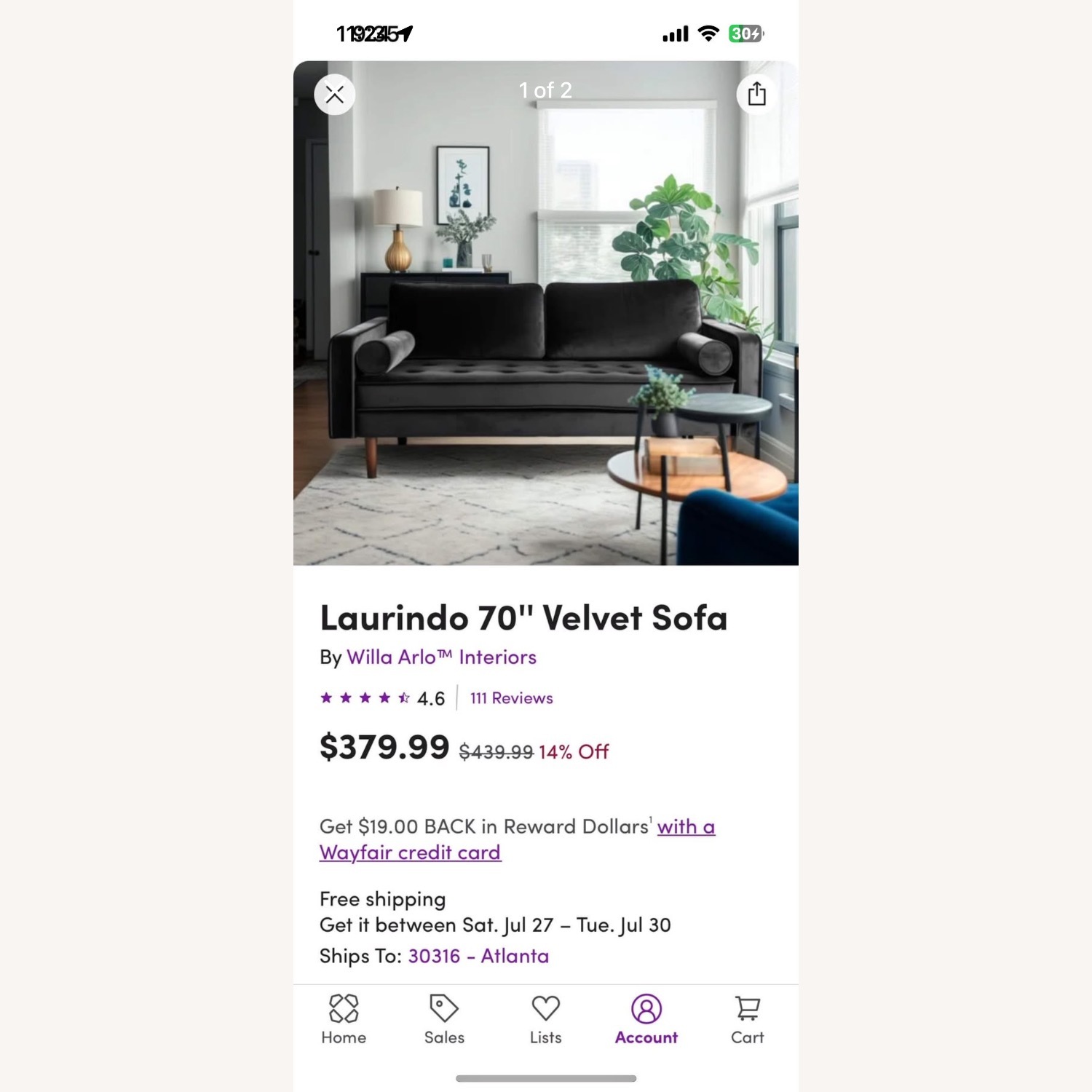 Laurindo 70'' Velvet Sofa - image-2