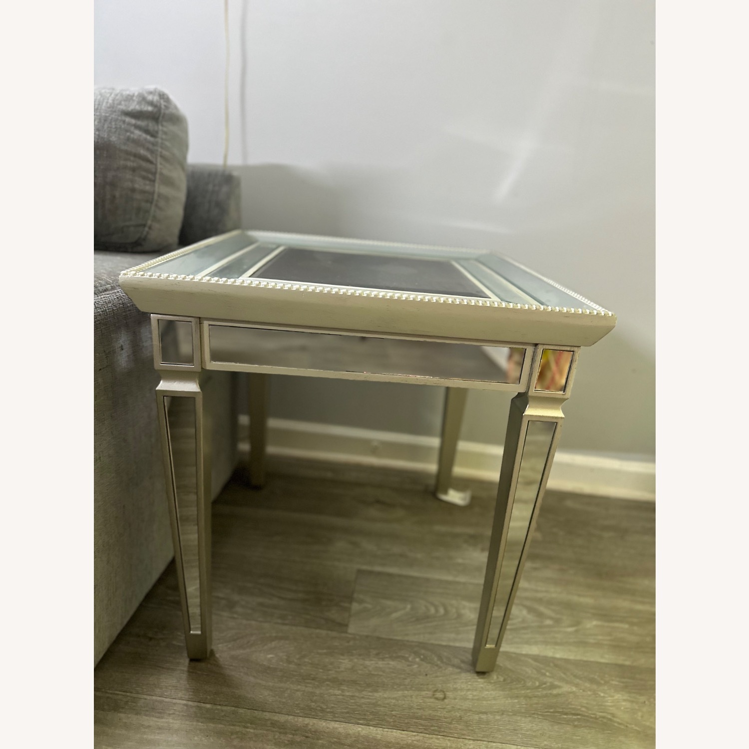 Rooms to go light Gray Fabric Sectional sofa set with chaise, 4 Accent Cushions, Mirrored Coffee & Side Tables, and Gray/Rug - image-6