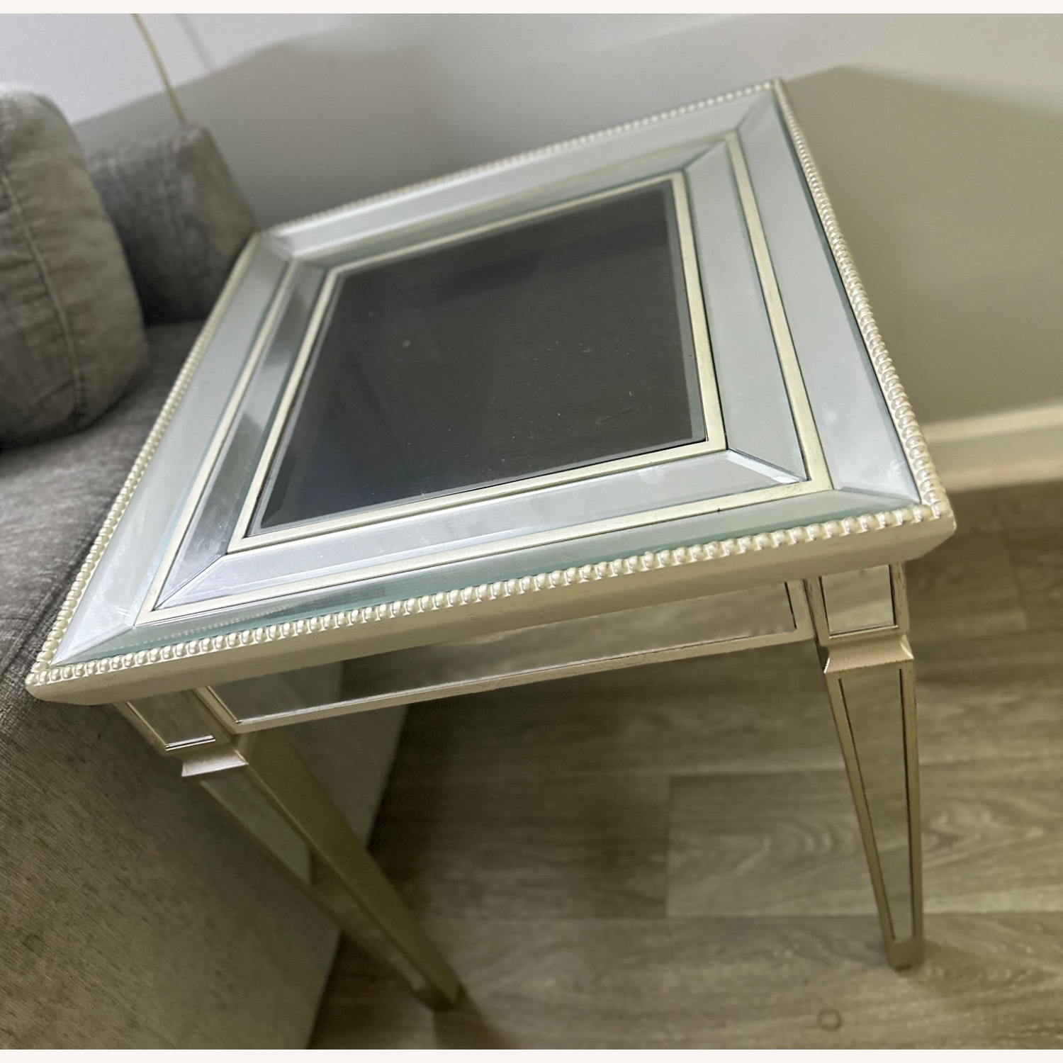 Rooms to go light Gray Fabric Sectional sofa set with chaise, 4 Accent Cushions, Mirrored Coffee & Side Tables, and Gray/Rug - image-5