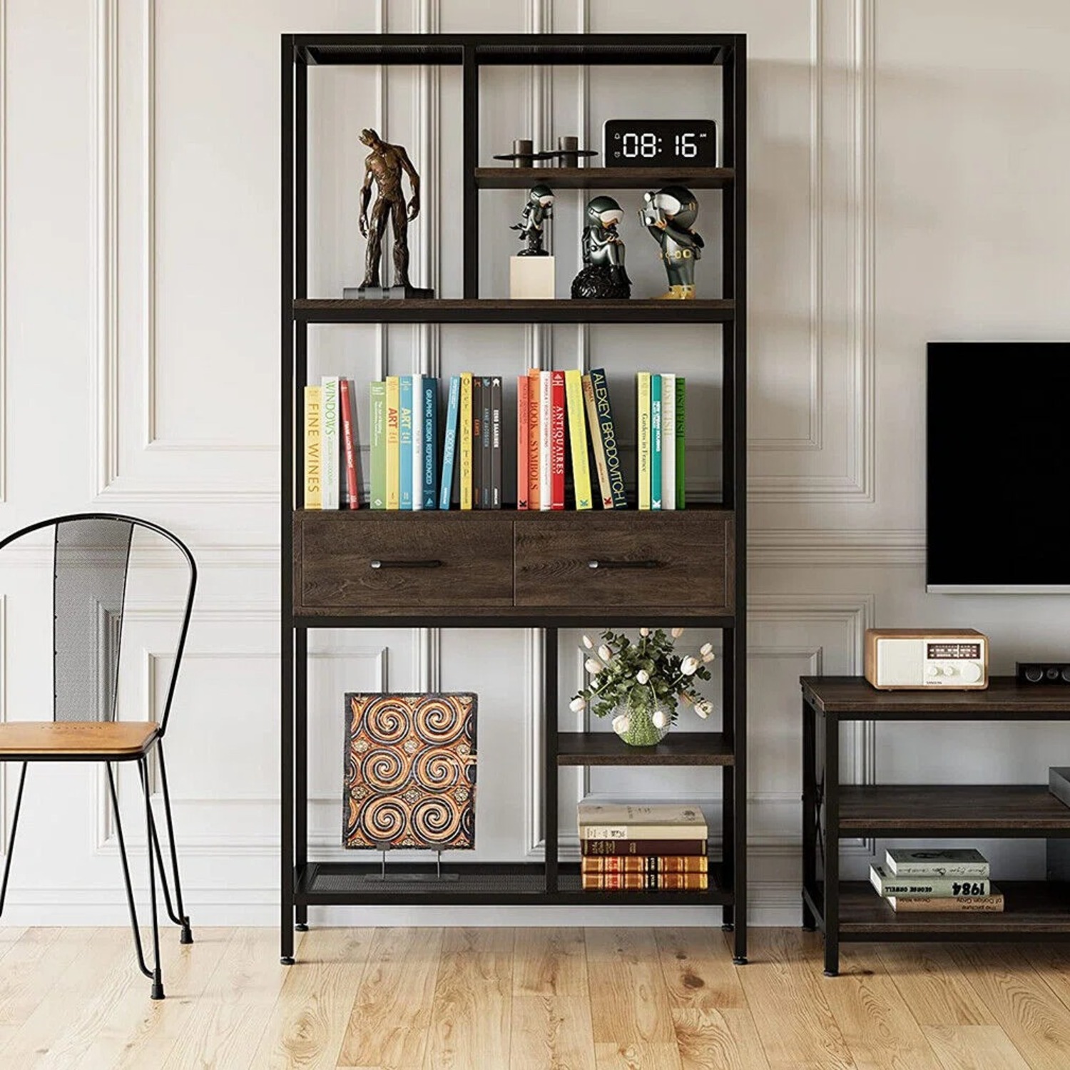 Dark Brown Wood Bookcase with Storage - image-1