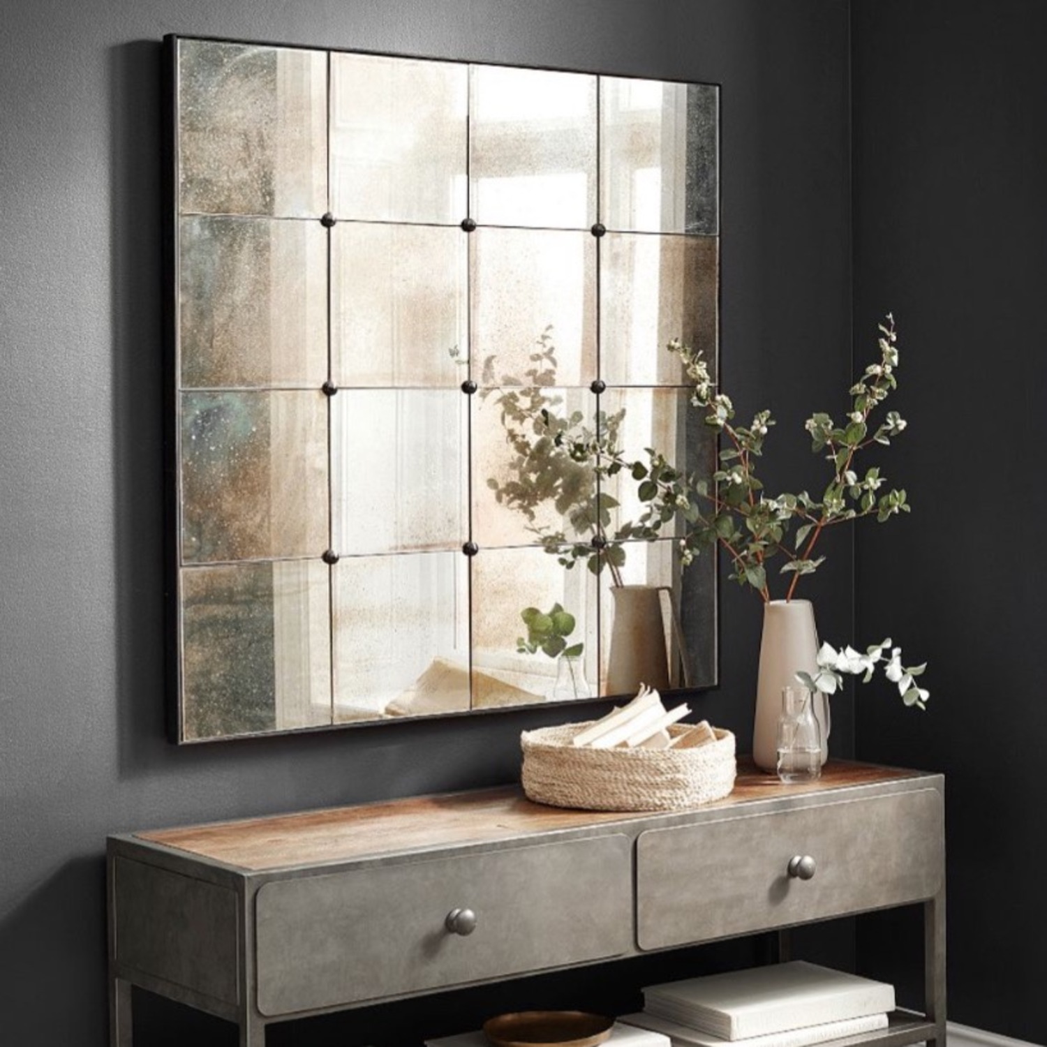 Pottery Barn Black Markle Antique Glass Panel Mirror - image-5