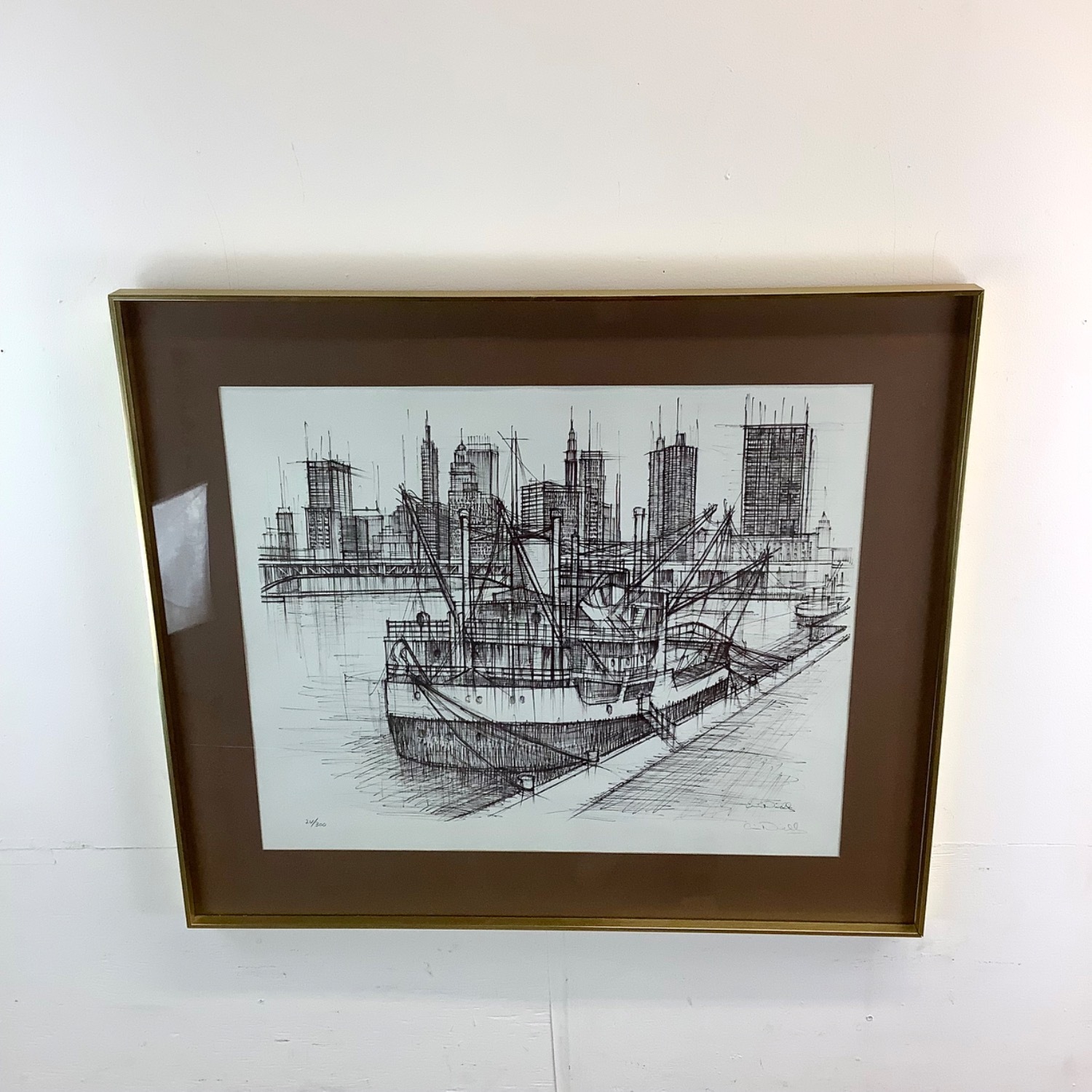 Vintage Lithograph Nautical Cityscape, Signed - image-3