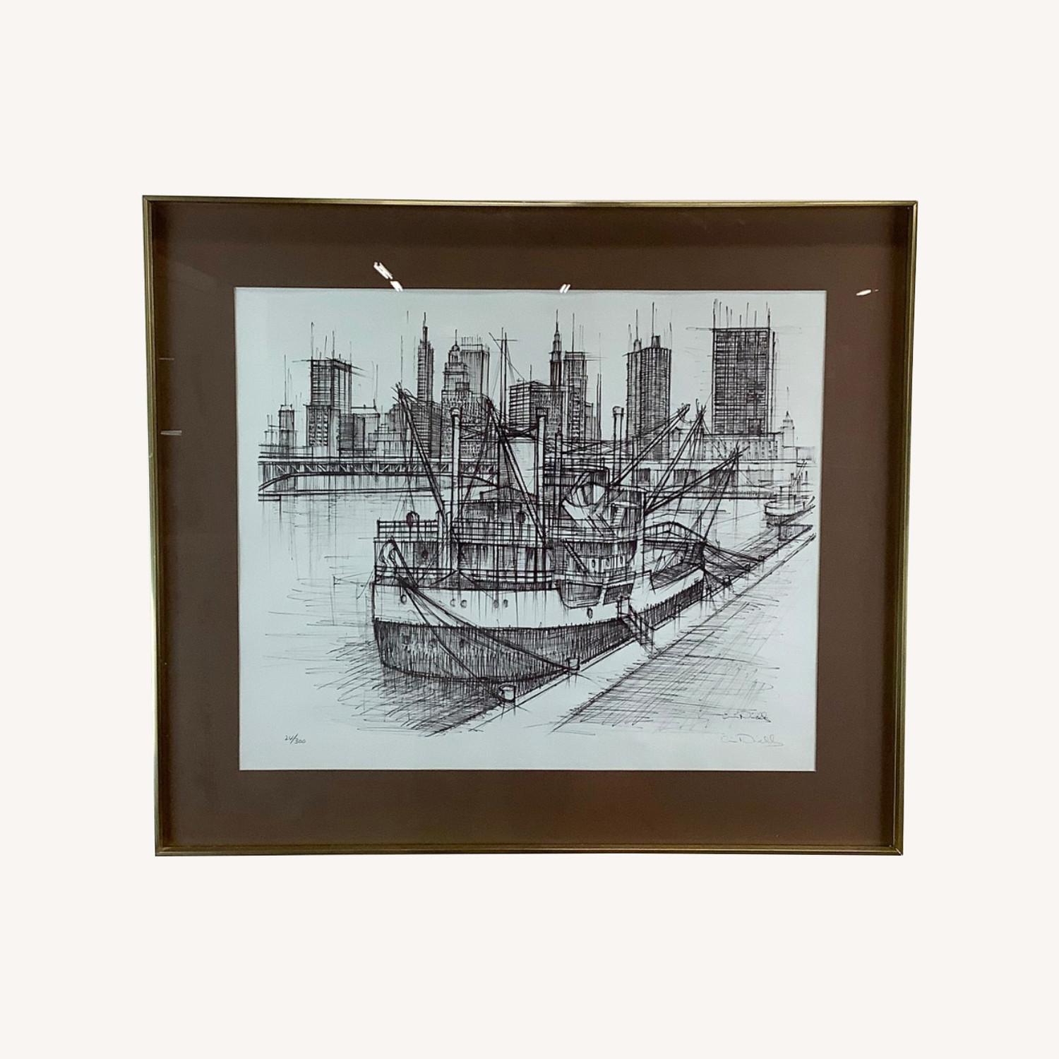 Vintage Lithograph Nautical Cityscape, Signed - image-0