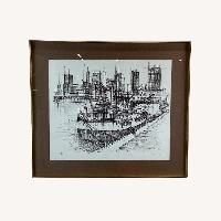 Vintage Lithograph Nautical Cityscape, Signed