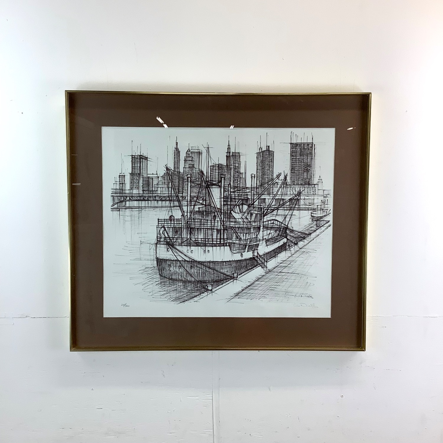 Vintage Lithograph Nautical Cityscape, Signed - image-1