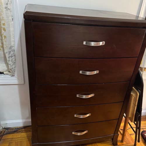 Used Bob's Discount Furniture Tremont Espresso 5 Drawer Chest for sale on AptDeco