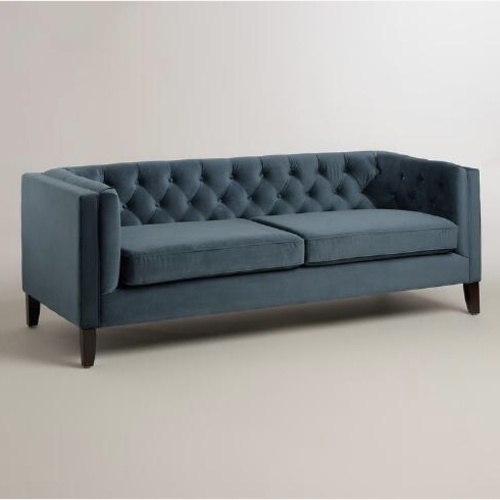 Used World Market Kendall Blue Velvet 2 Seater Sofa for sale on AptDeco