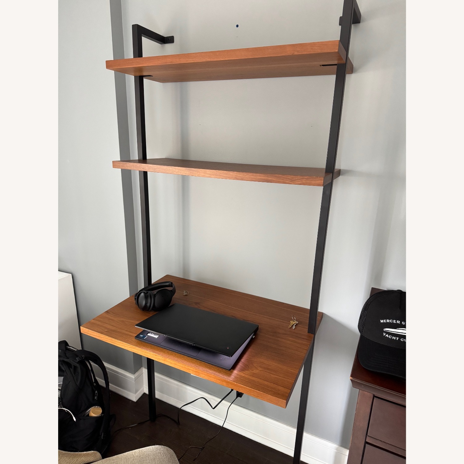 CB2 Helix Walnut Wood Wall Mount Desk with Shelves - image-2