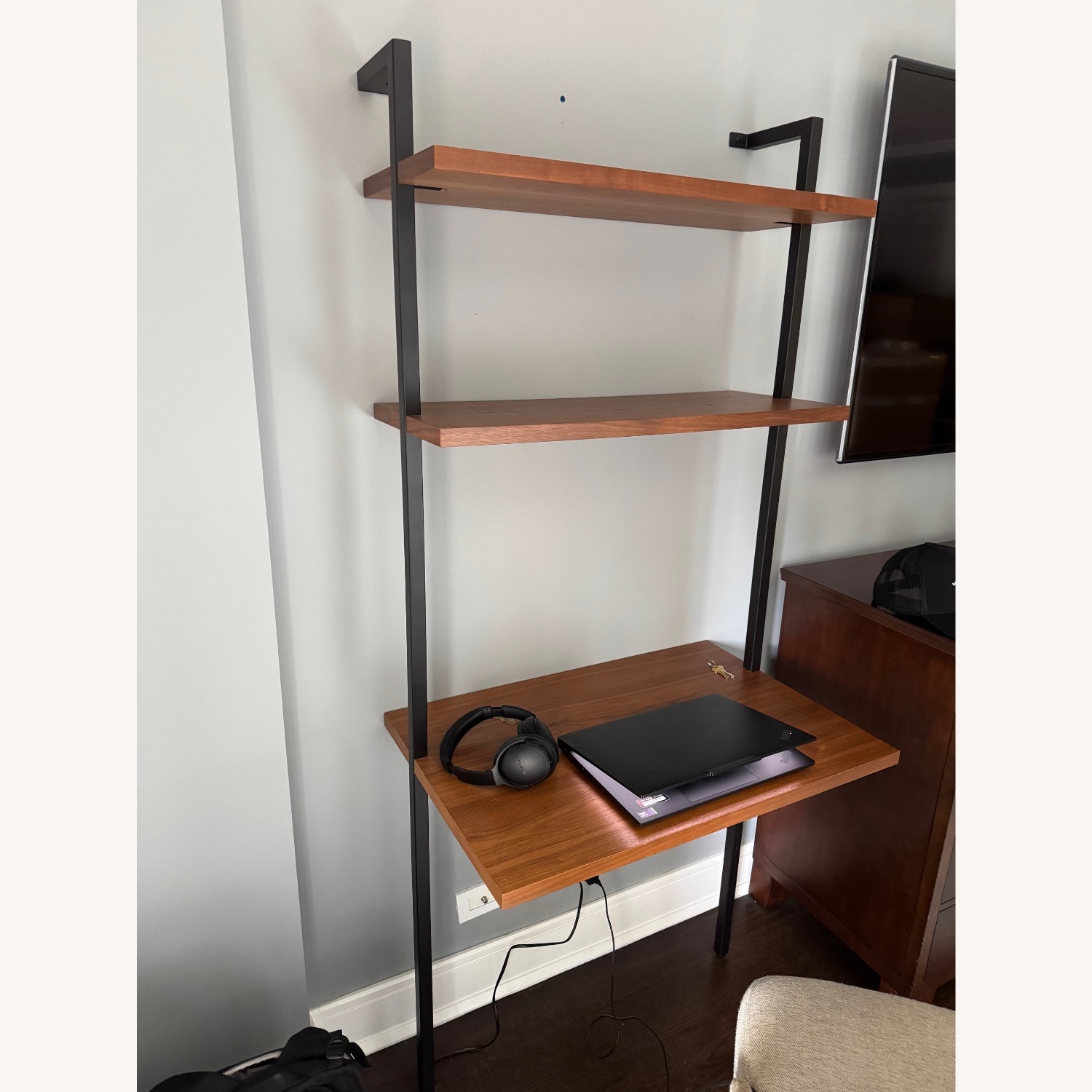 CB2 Helix Walnut Wood Wall Mount Desk with Shelves - image-1