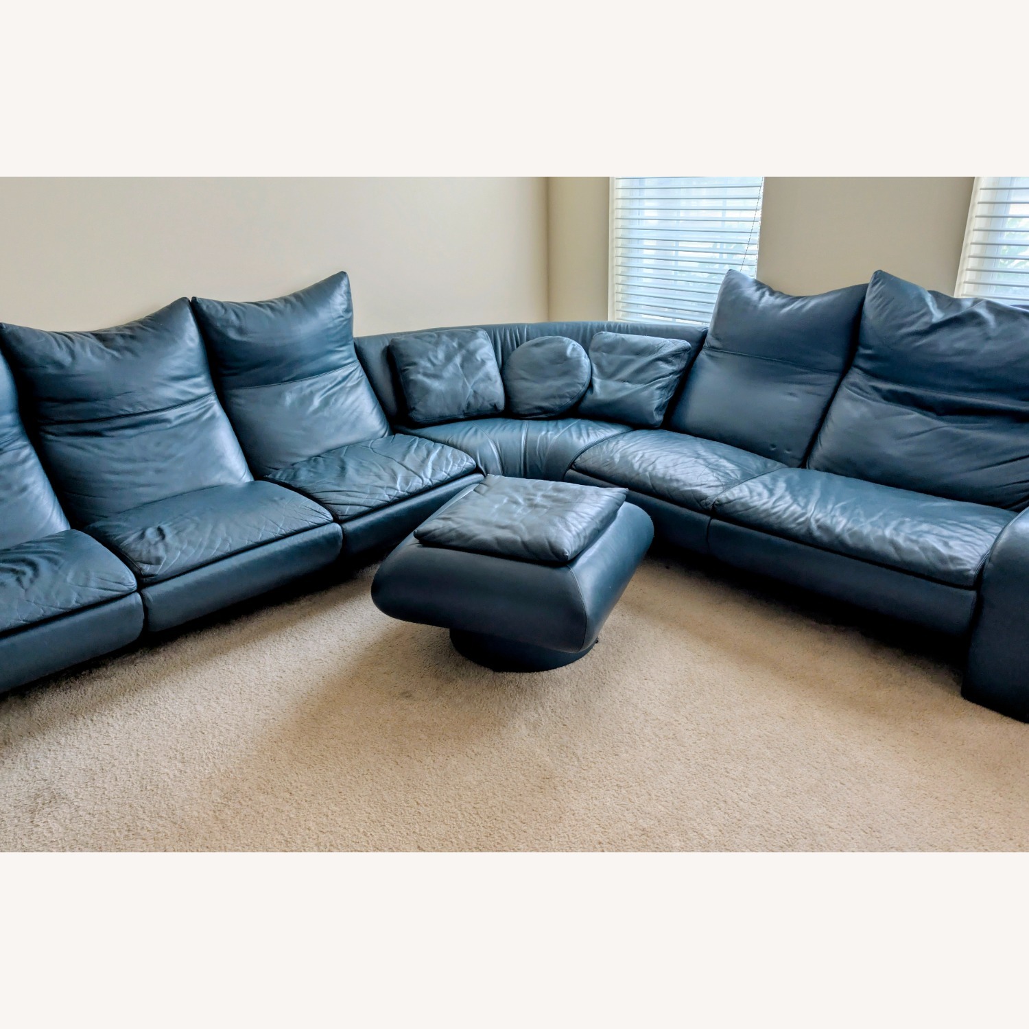 Leather L Shape Couch - Blue Premium Leather - image-1