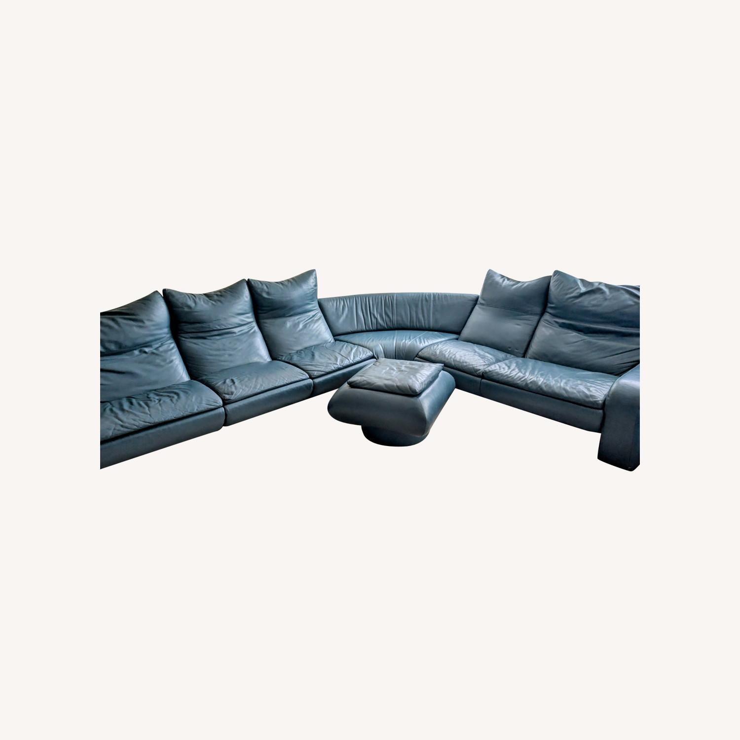 Leather L Shape Couch - Blue Premium Leather - image-0