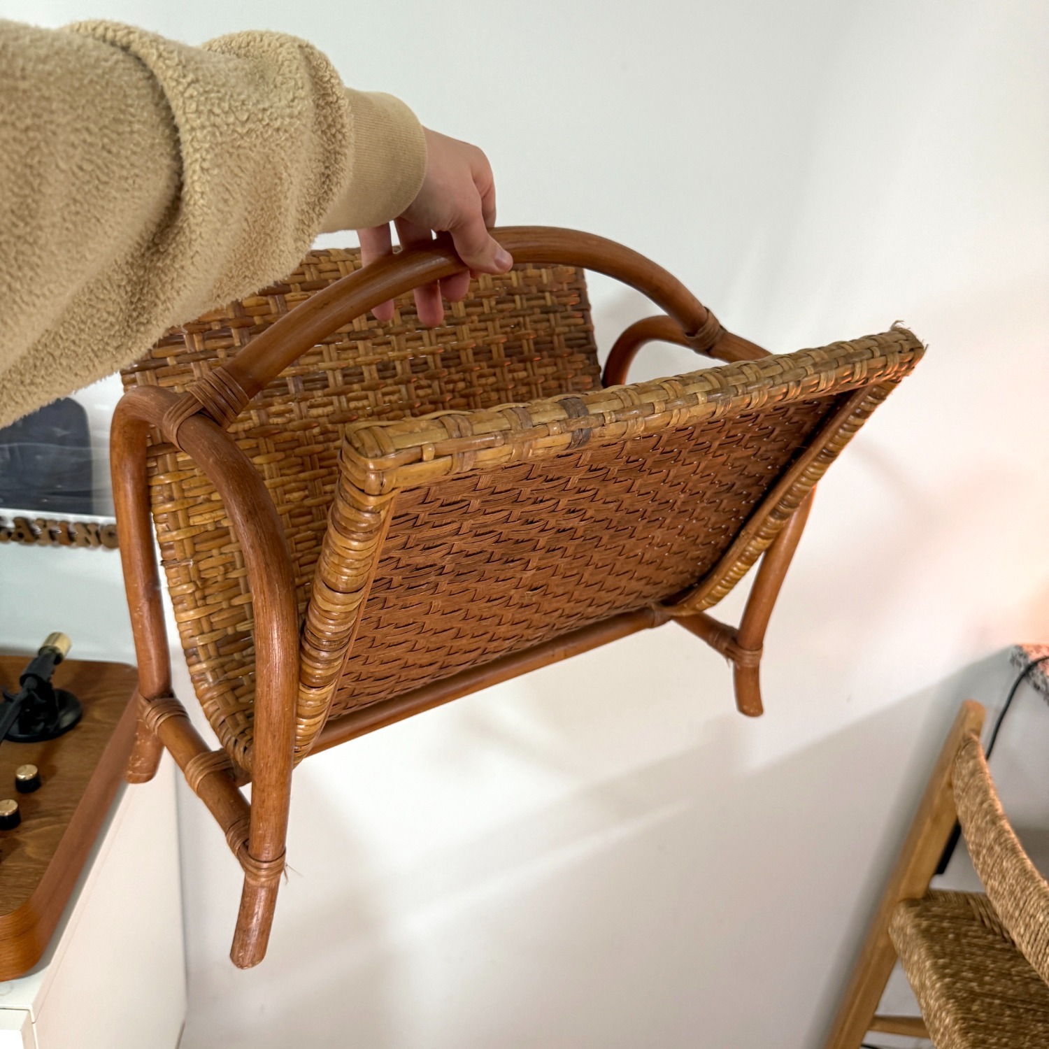 Rattan Magazine Rack 1970s Boho Wicker Storage - image-2