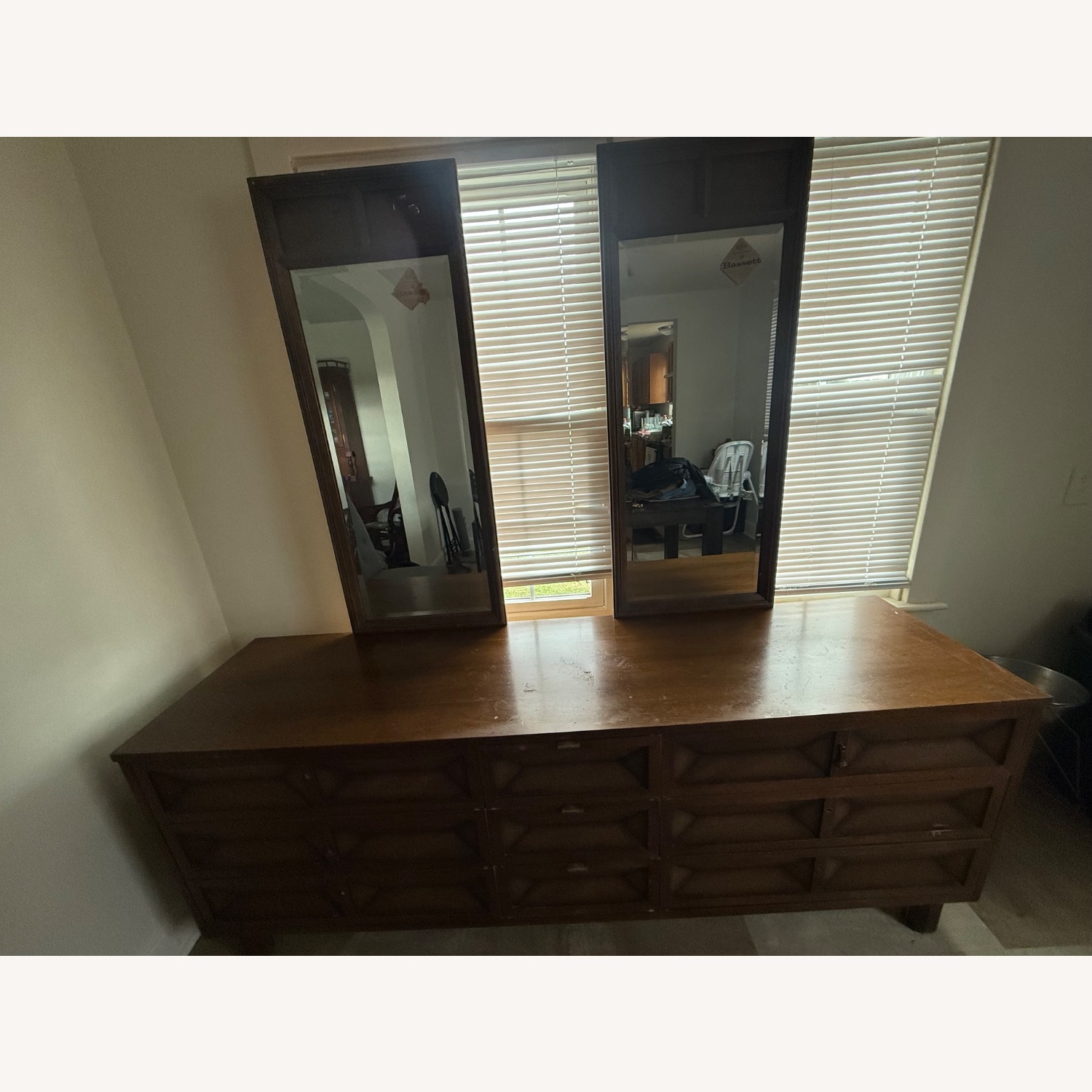 Bassett Dark Brown Wood Dresser/ Double Mirrors - image-1