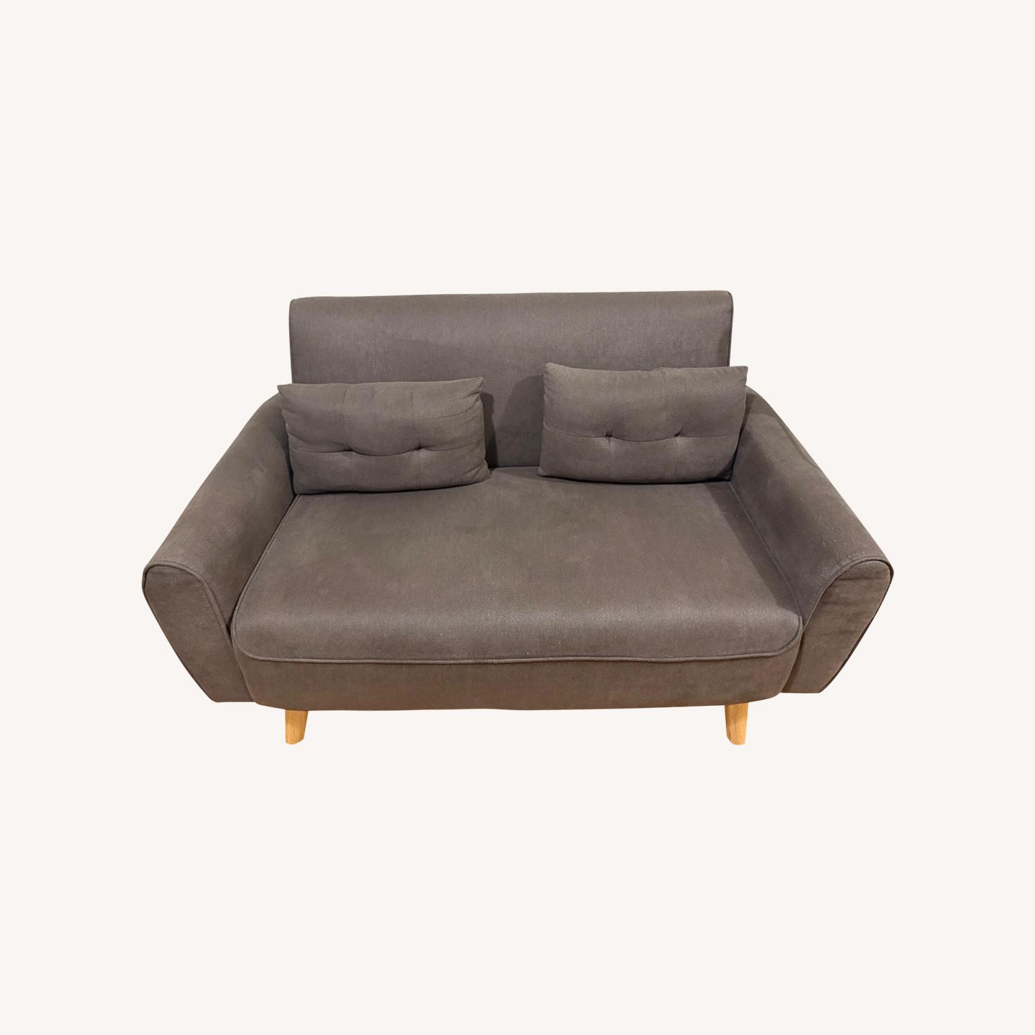Small Brown Fabric Loveseat with Pillows - image-0