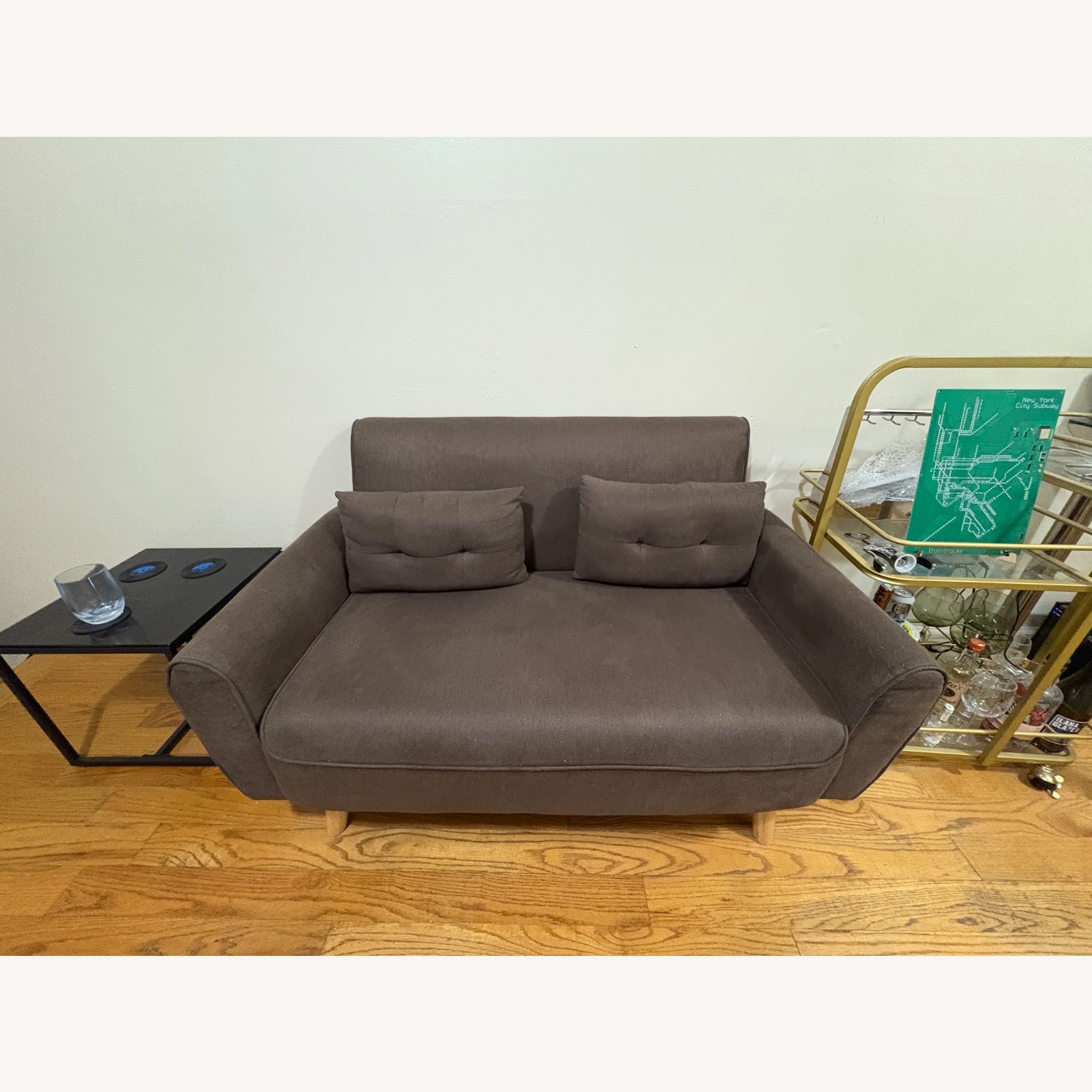 Small Brown Fabric Loveseat with Pillows - image-2