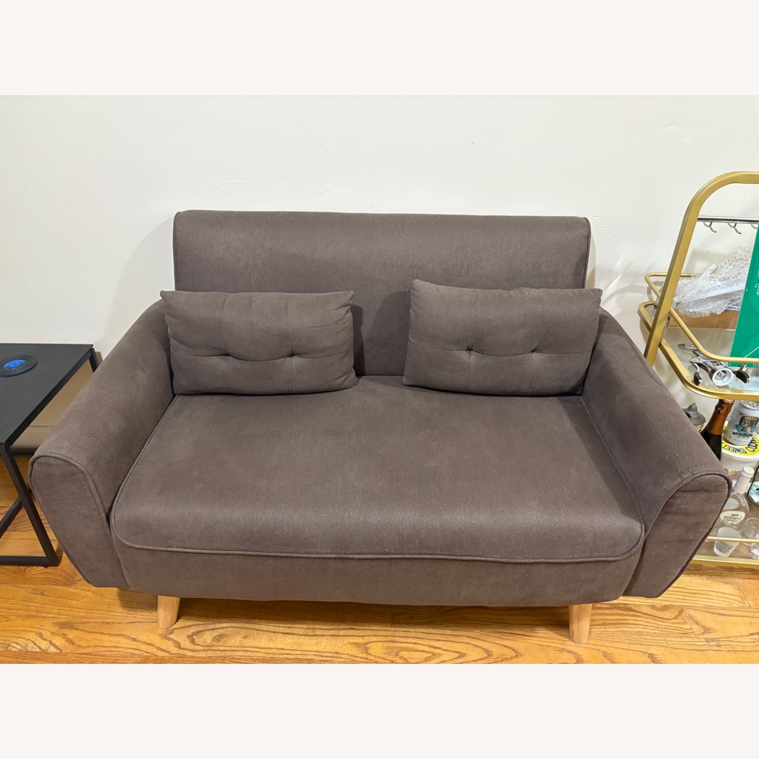 Small Brown Fabric Loveseat with Pillows - image-1