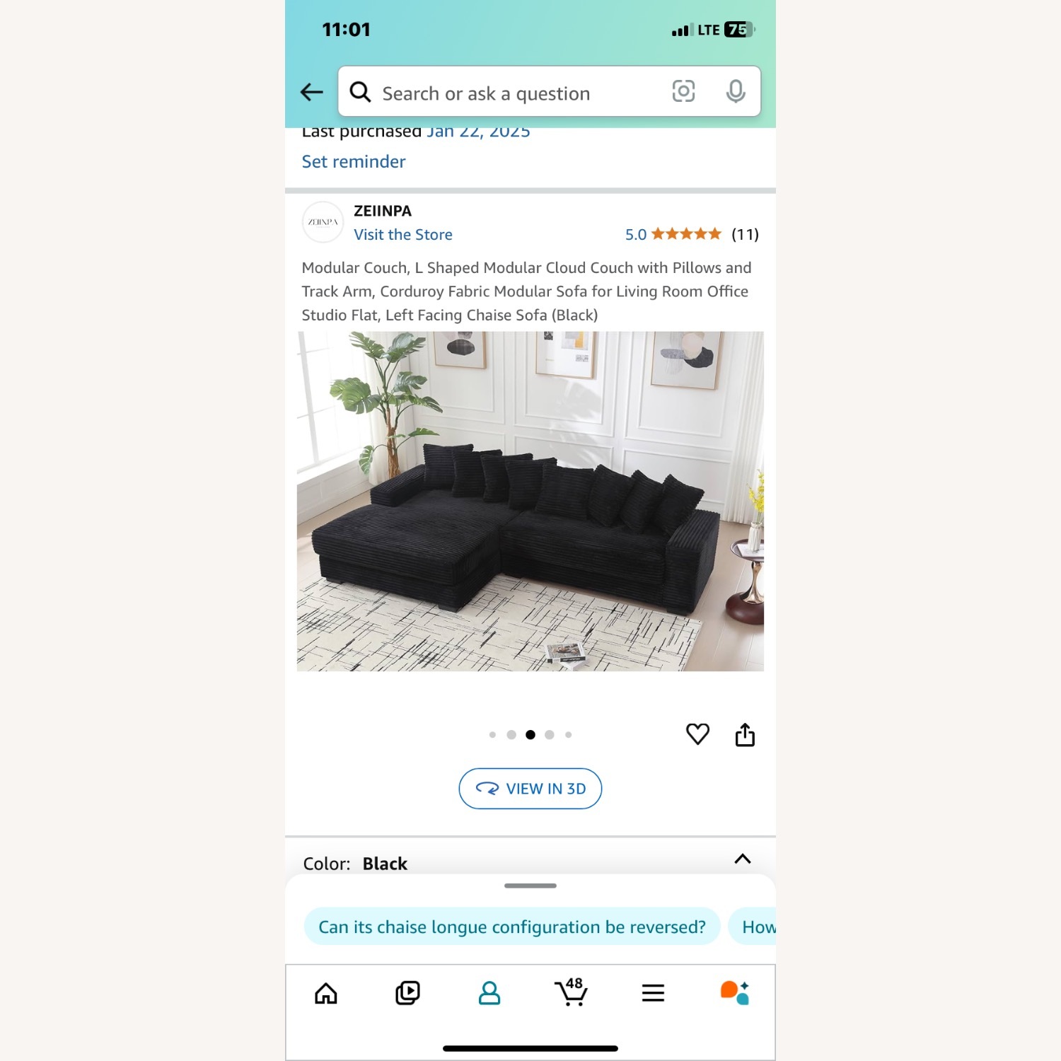 Black L- Shape Velvet Couch  - image-2