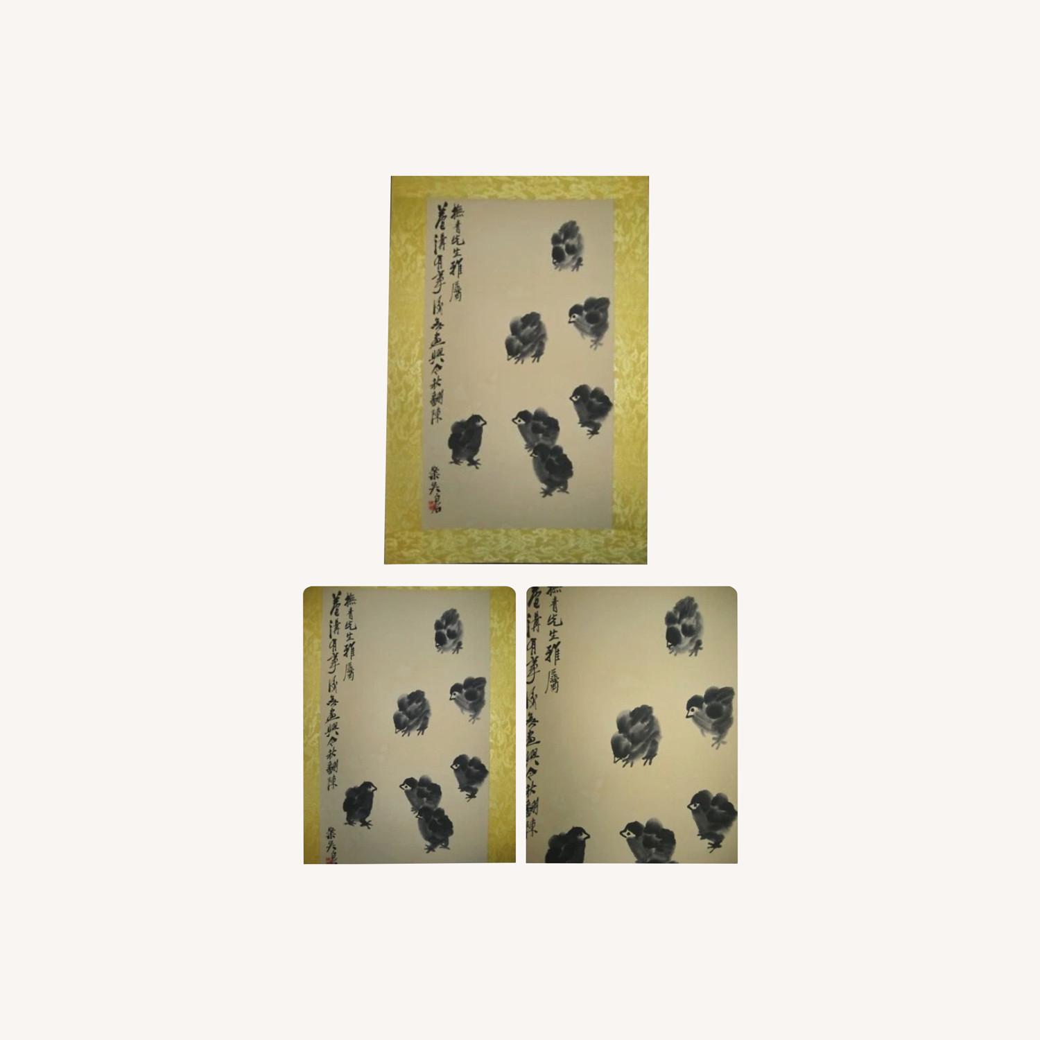 Qi Baishi Baby Chicks Scroll with Stamp Wall Art - image-0