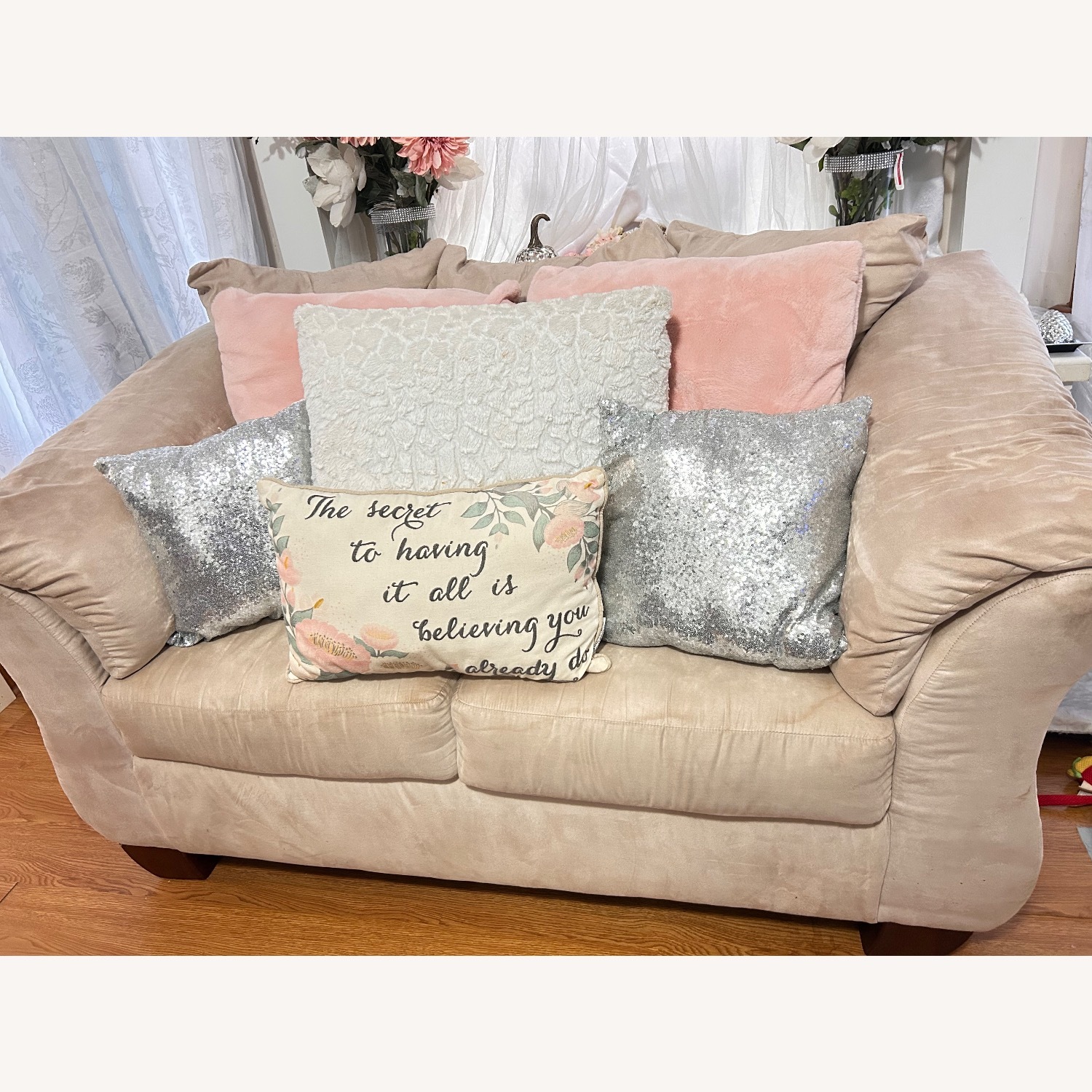 Light Brown Suede Loveseat - image-2