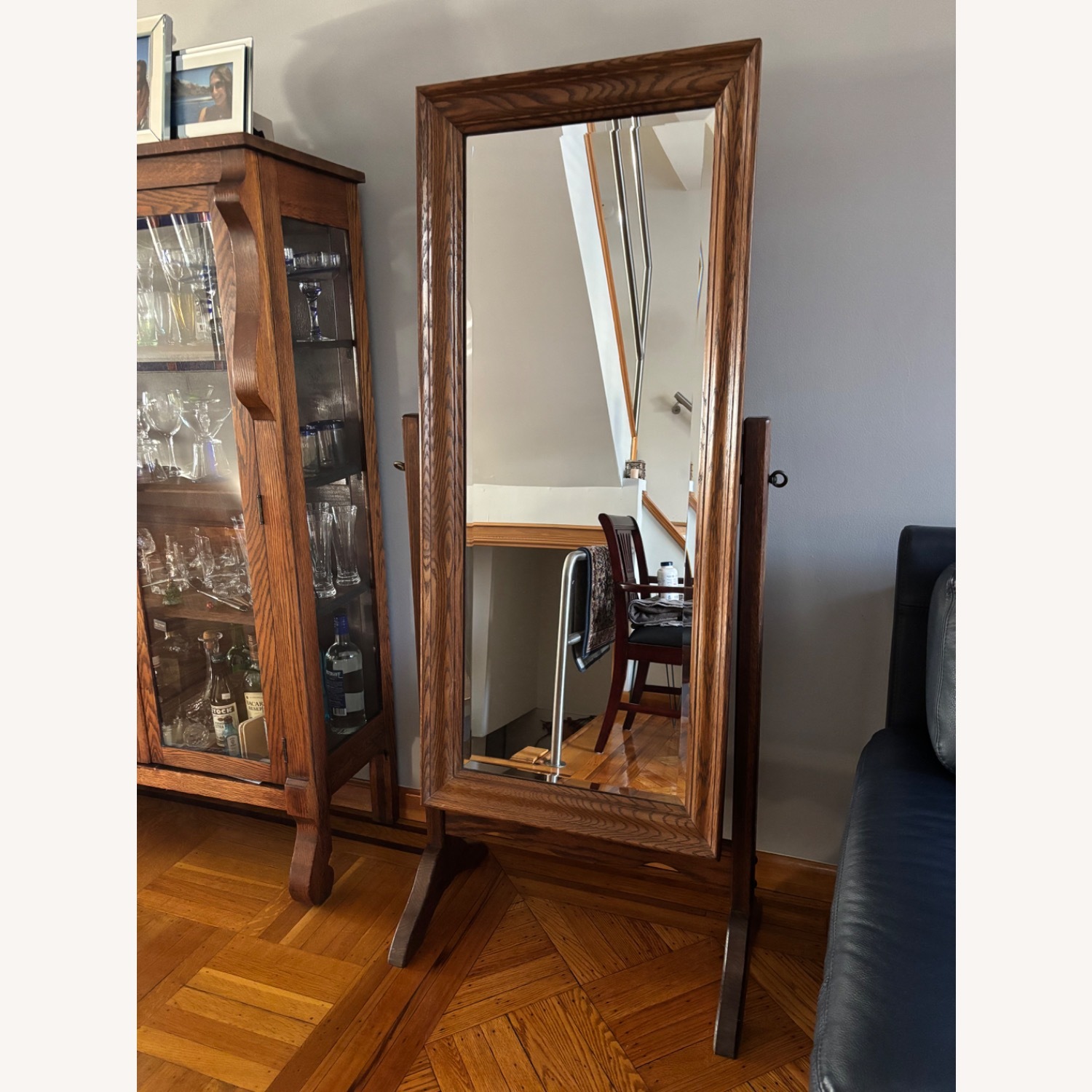 Antique Floor Mirror Beveled Glass/Tiger Oak - image-1