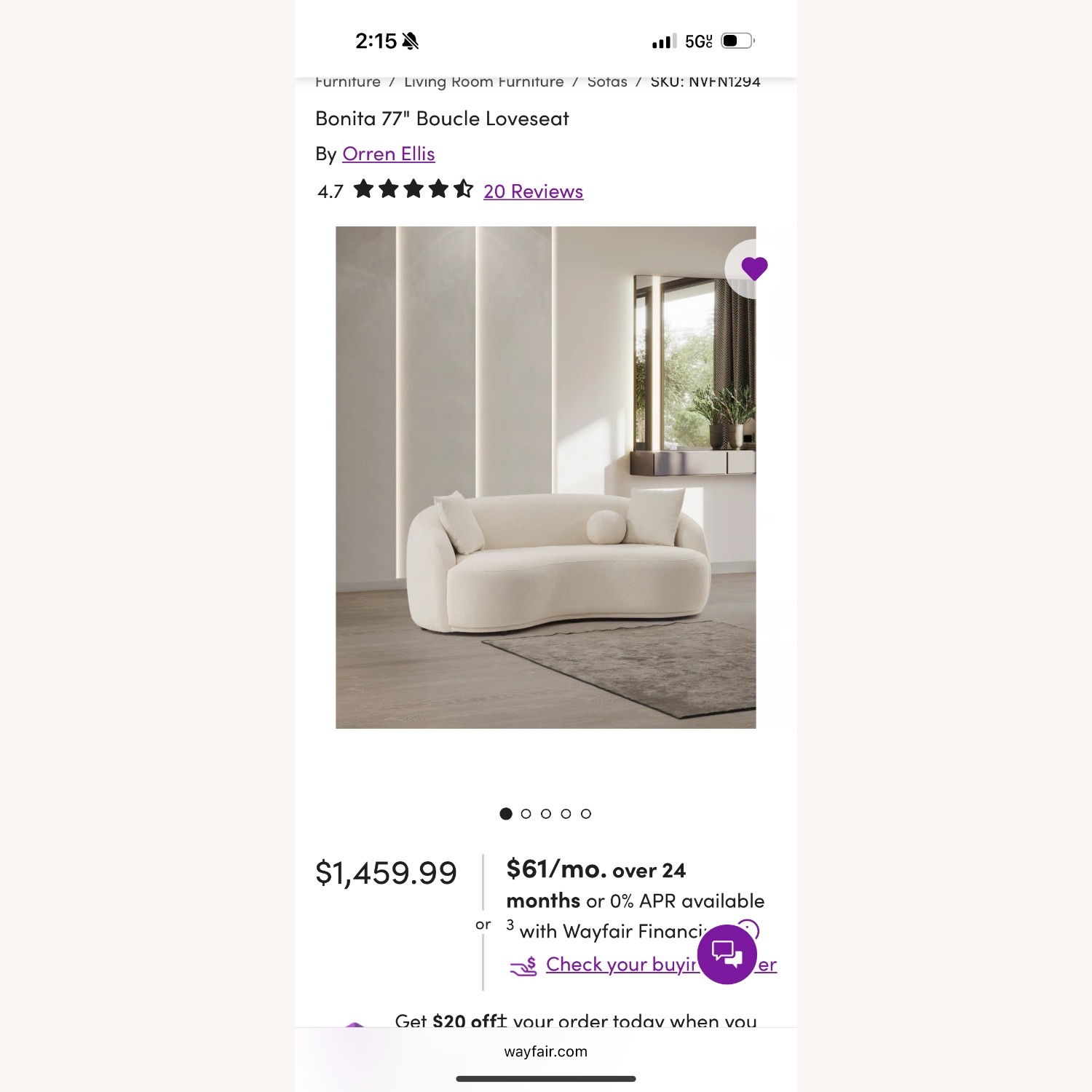 Wayfair White 2 Piece Set sofa  - image-2