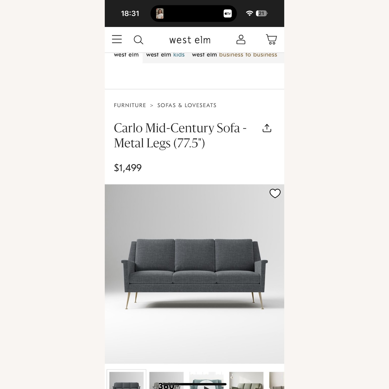 West Elm Carlo Dark Gray Fabric 3+ Seater Sofa - image-6