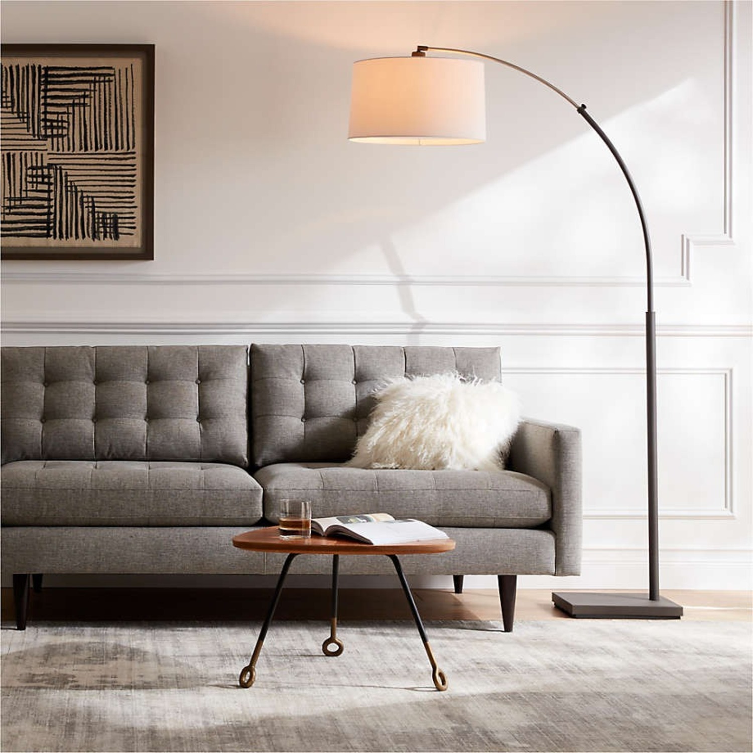 Crate & Barrel Dexter Arc Floor Lamp with White Shade - image-1