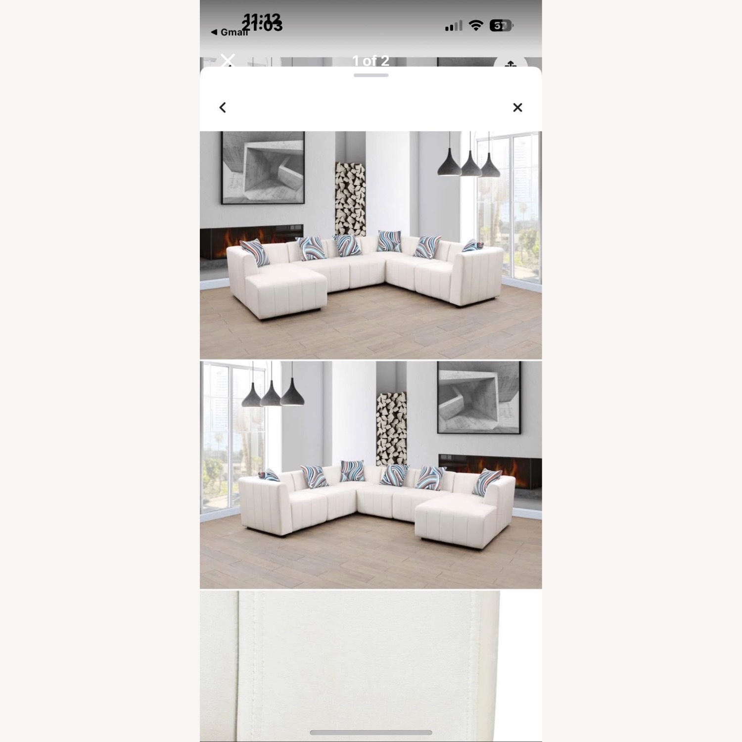 Vintage/Antique White Velvet 3+ Piece Sectional - image-2