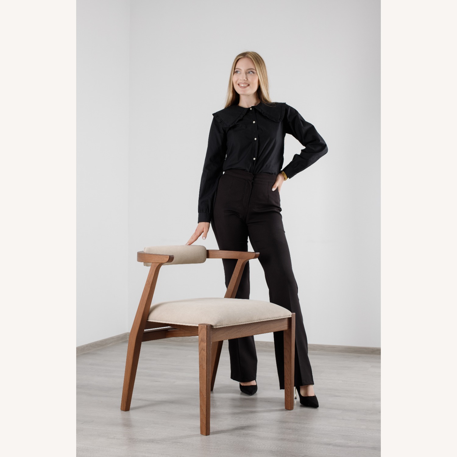 Light Brown Solid Wood Dining Chair - image-6