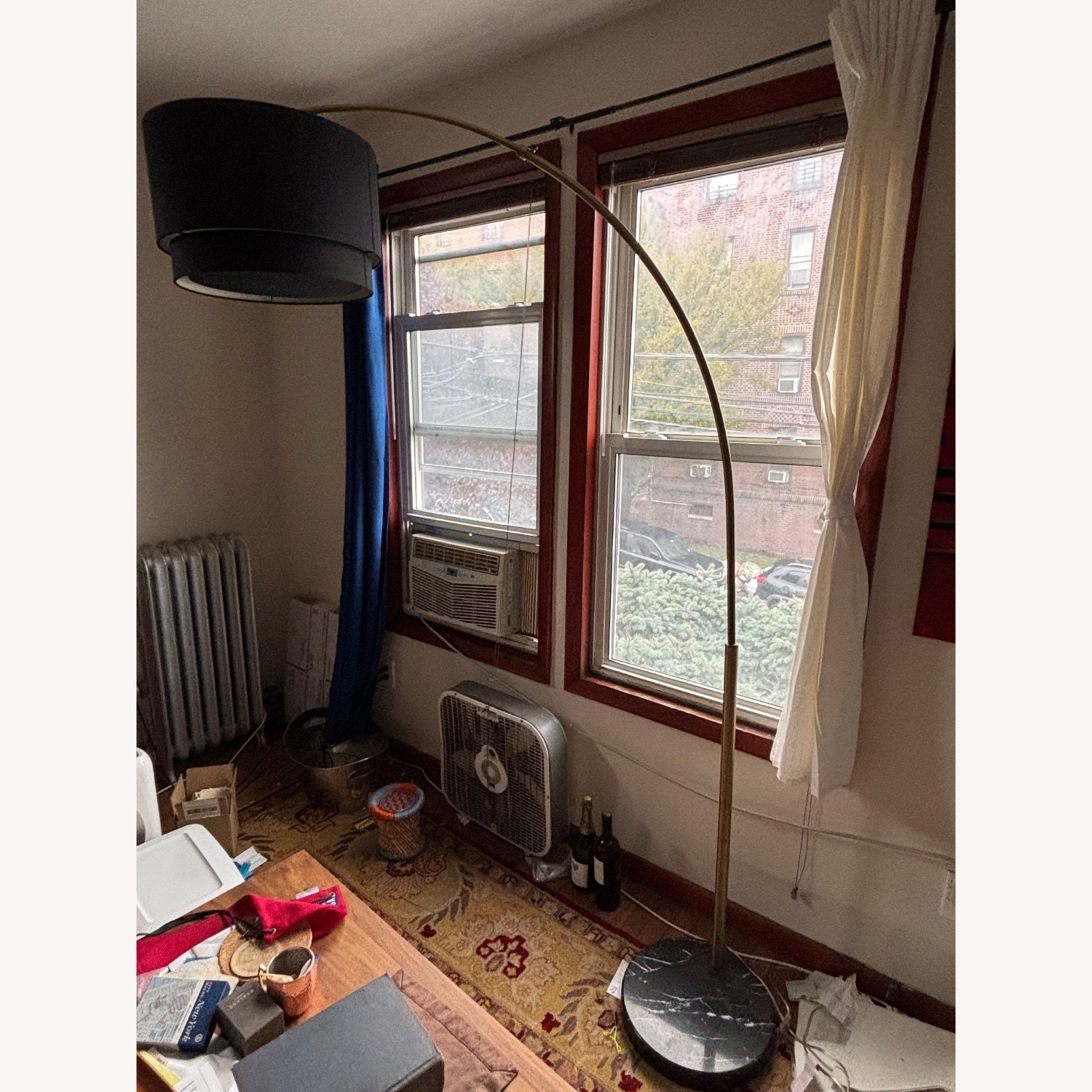 Crate & Barrel Meryl Arc Brass Floor Lamp (Black Shade) - image-1