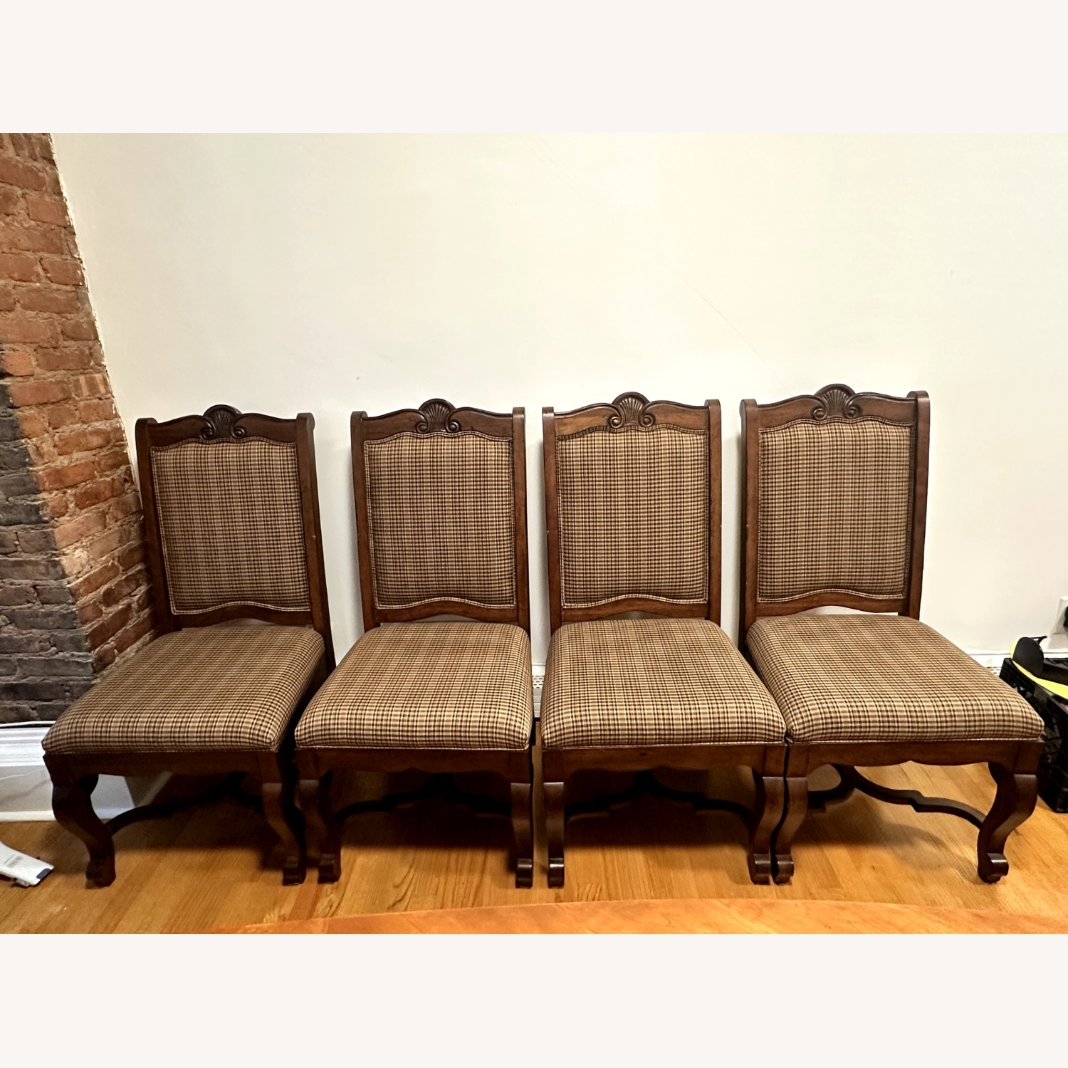 Antique Dark Brown Wood/Plaid Dining Chair - image-1