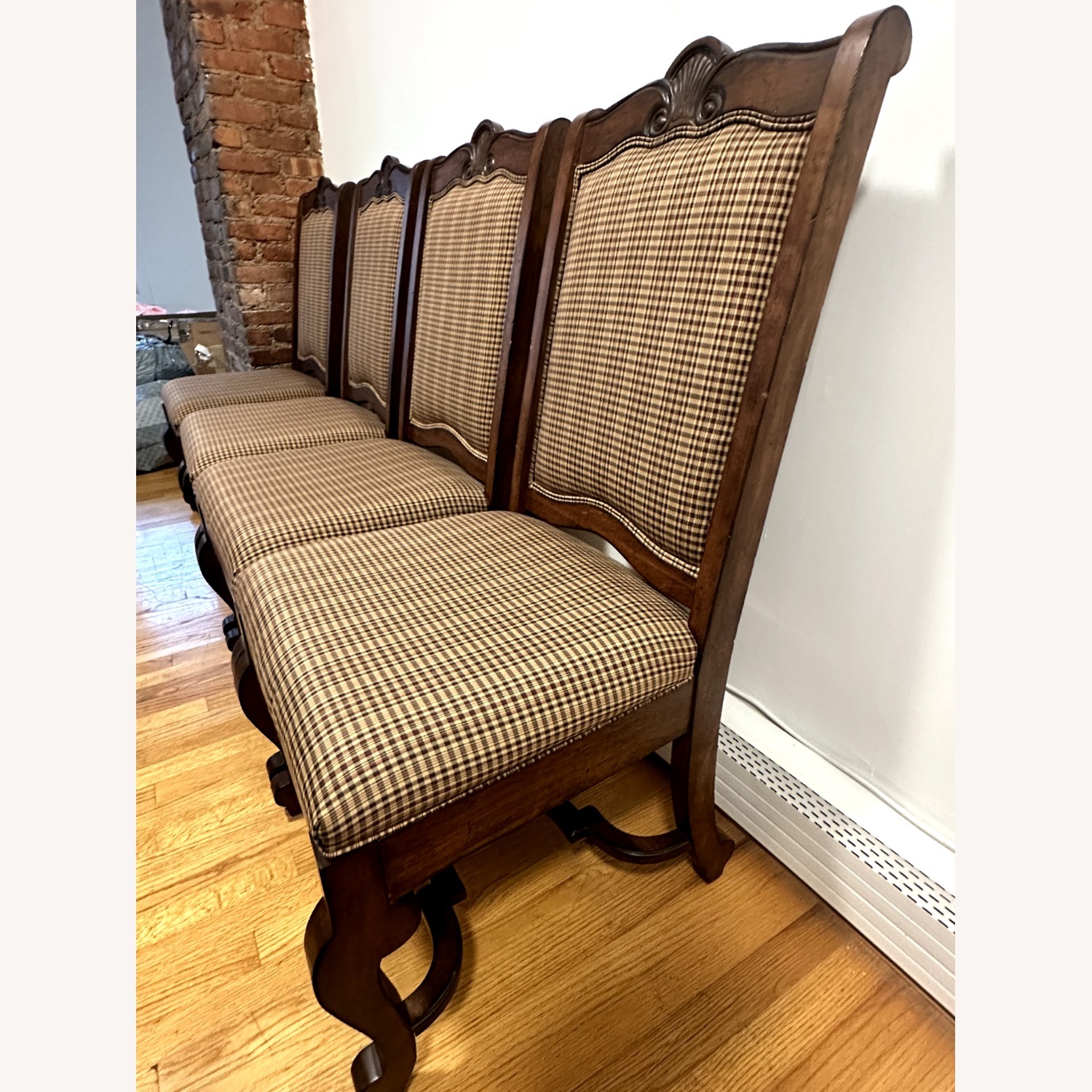 Antique Dark Brown Wood/Plaid Dining Chair - image-3