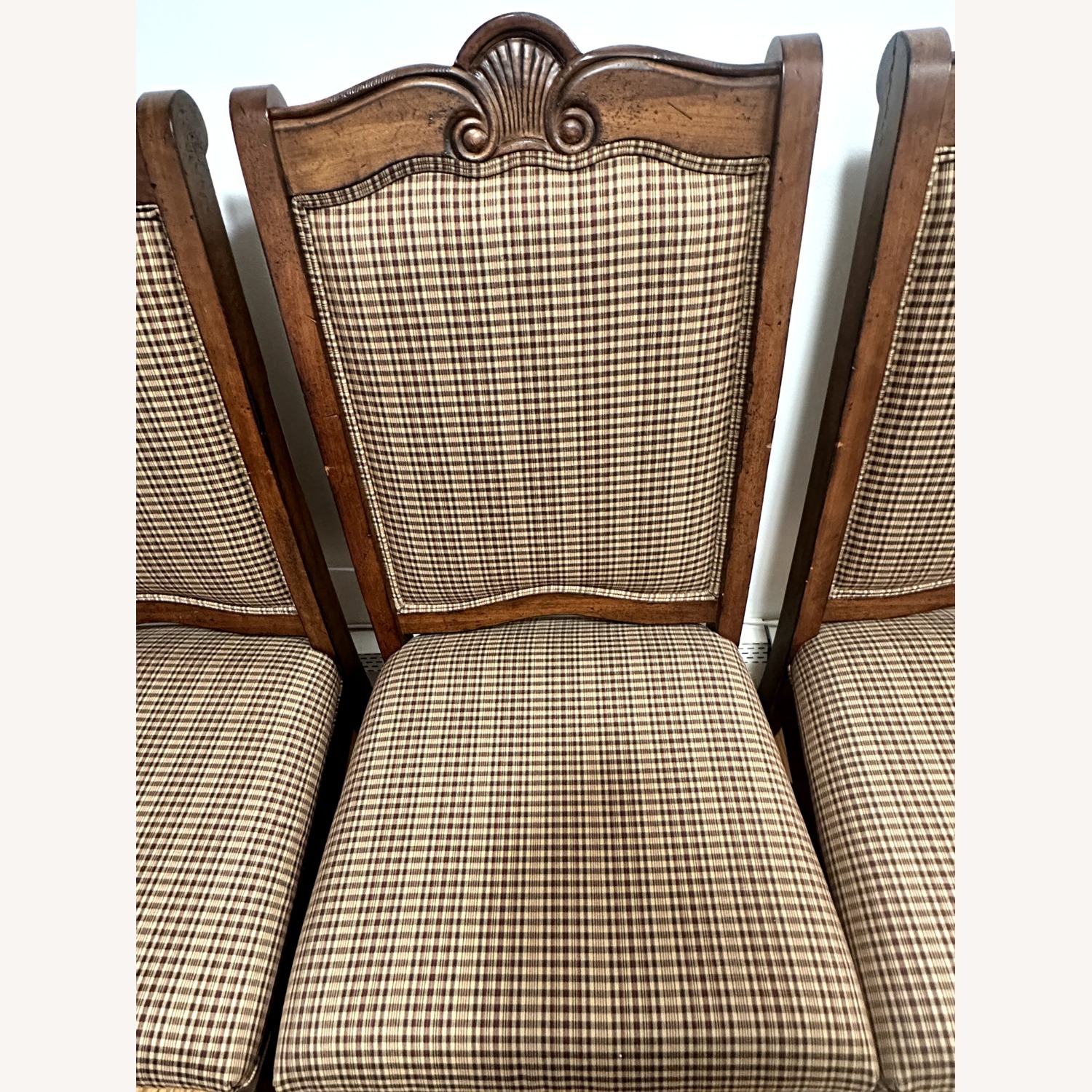 Antique Dark Brown Wood/Plaid Dining Chair - image-5