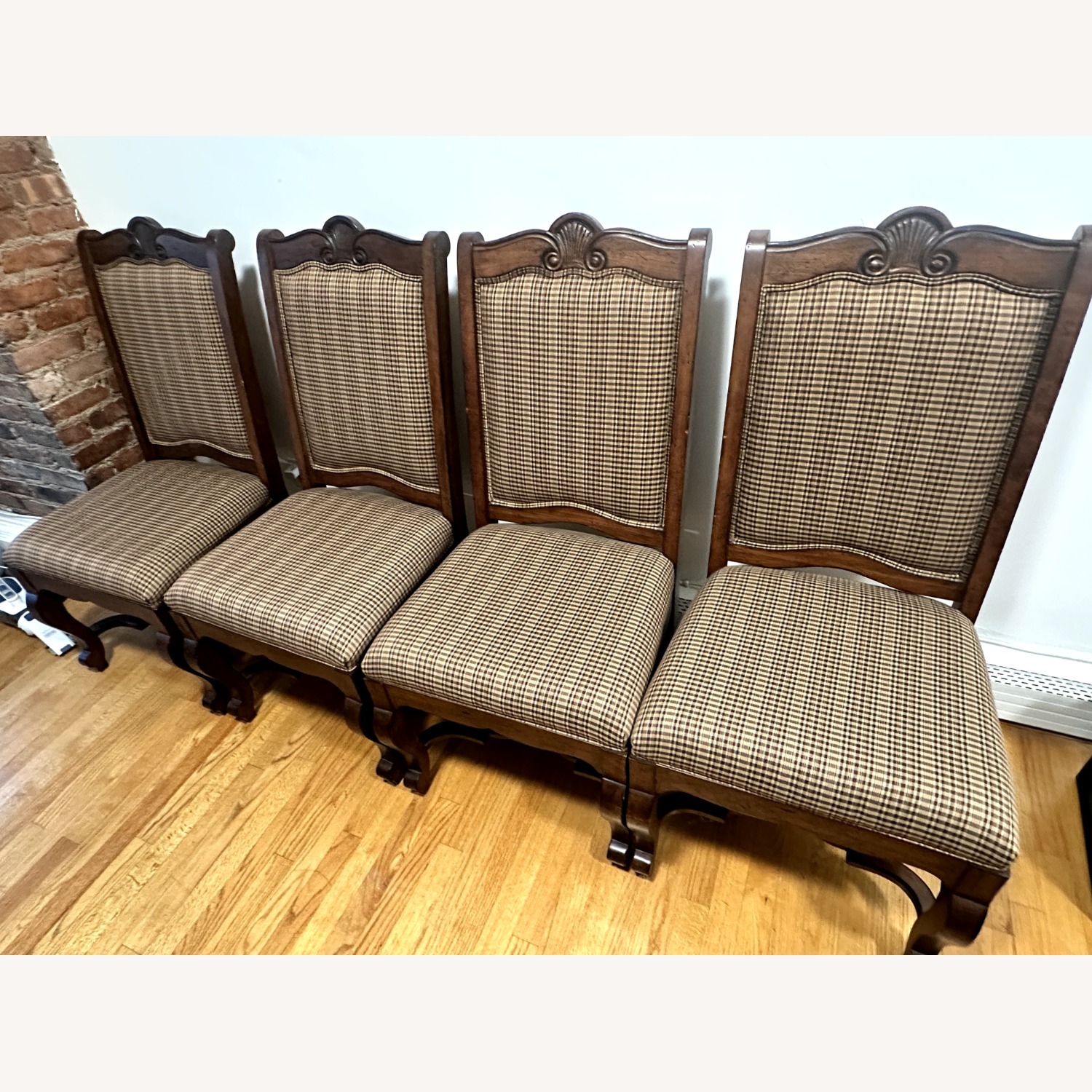 Antique Dark Brown Wood/Plaid Dining Chair - image-2